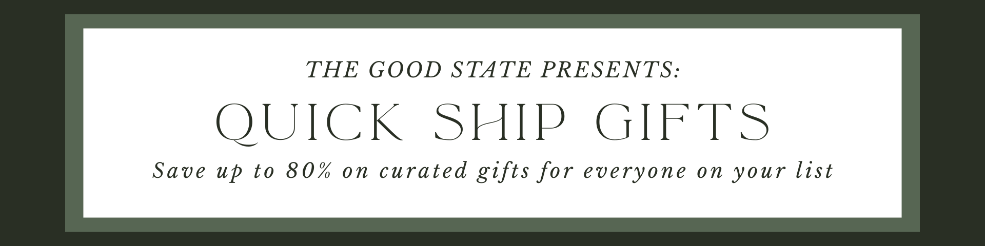 A promotional graphic with a dark green background and white center panel, featuring text about gifts and discounts.
