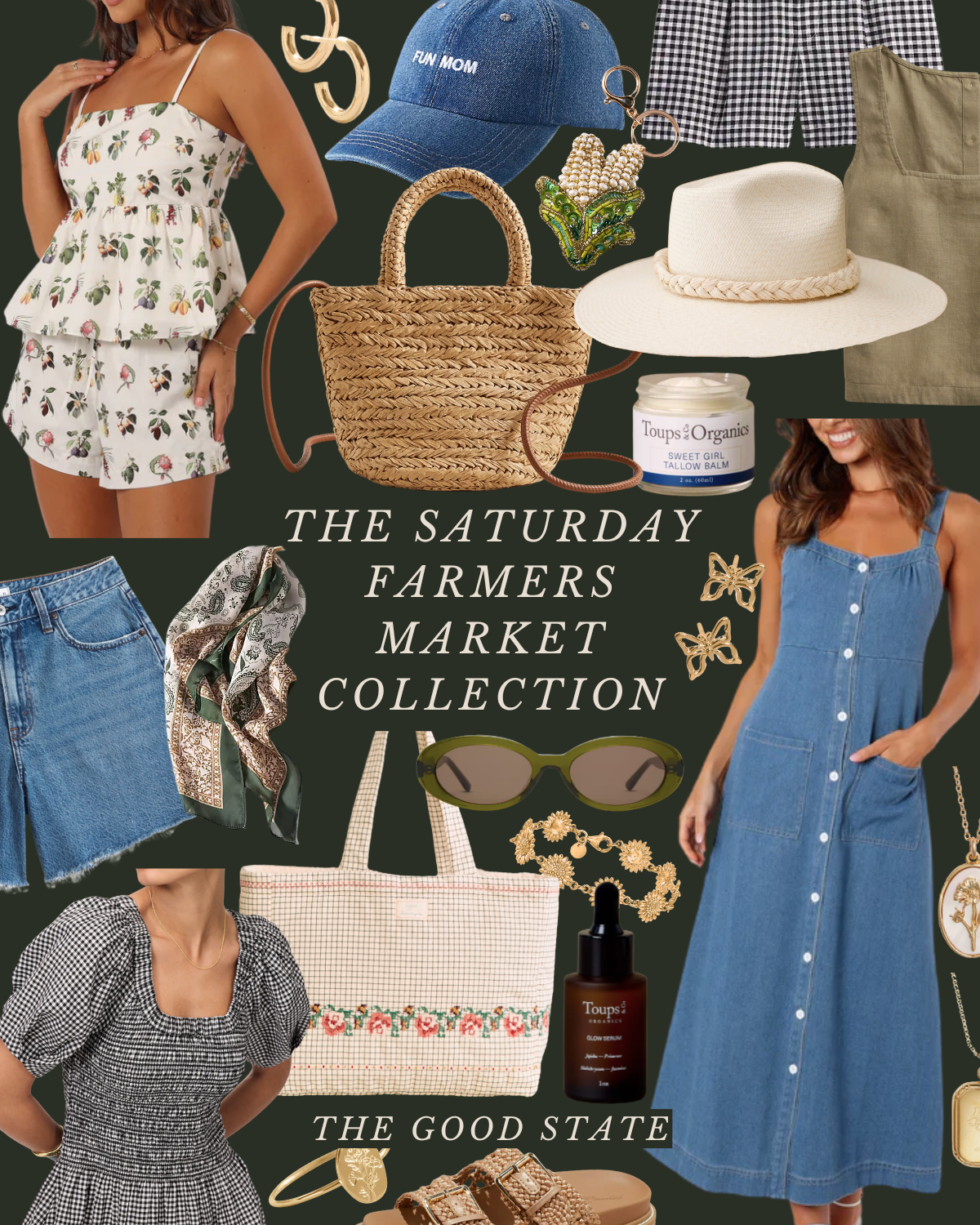 A collage of fashion and accessories, featuring women in floral and checkered dresses, straw and fabric bags, a denim dress, sunglasses, jewelry, a hat, a cap with 'FUN MOM' embroidered, and various farm market-themed items like skincare cream, a pat