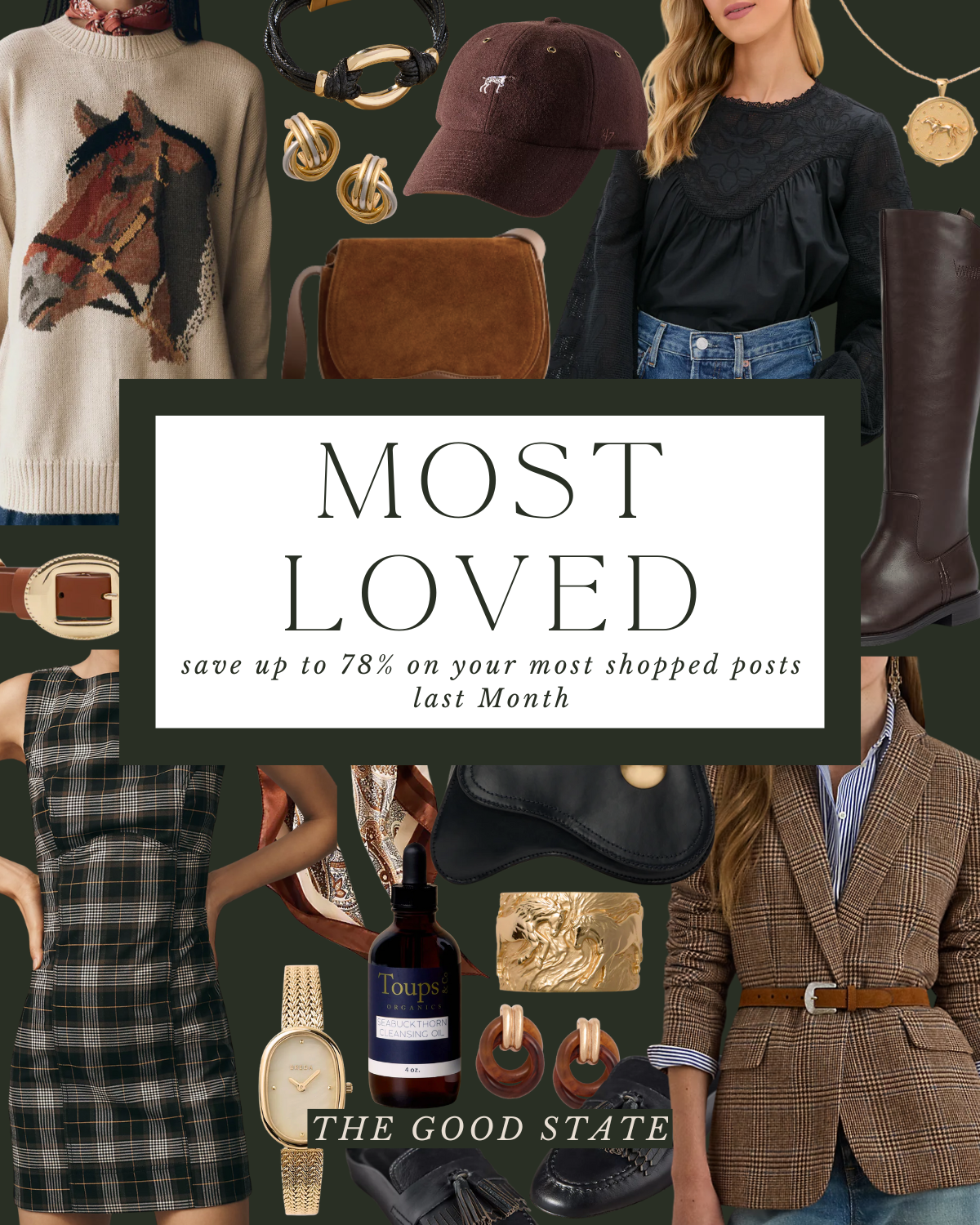 Collage of fashion items including a horse sweater, brown cap, black dress, tall brown boots, plaid dress, brown blazer, black handbag, jewelry, watch, and perfume, with text promoting top liked items and savings.