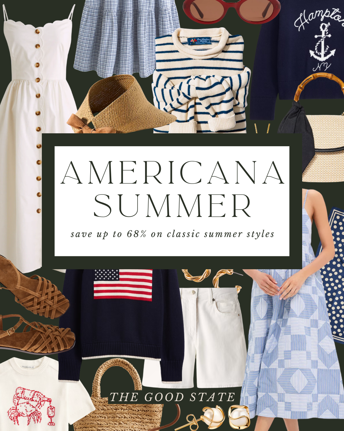 Various summer clothing and accessories including dresses, sweaters, hats, sunglasses, shoes, bags, and jewelry arranged around a central promotional sign for Americana Summer sale offering discounts up to 68%.