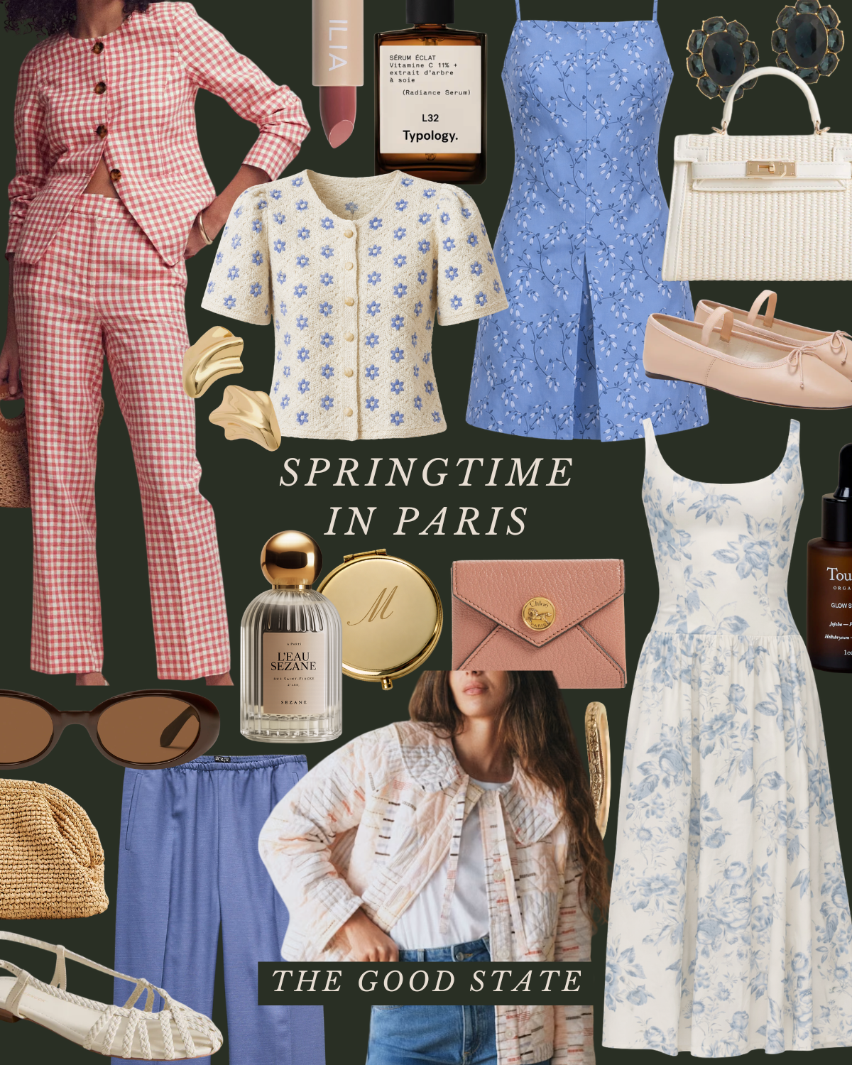 A collage of spring fashion items including dresses, tops, accessories, and perfumes, with Paris-themed text 'Springtime in Paris' and 'The Good State' on a dark background.