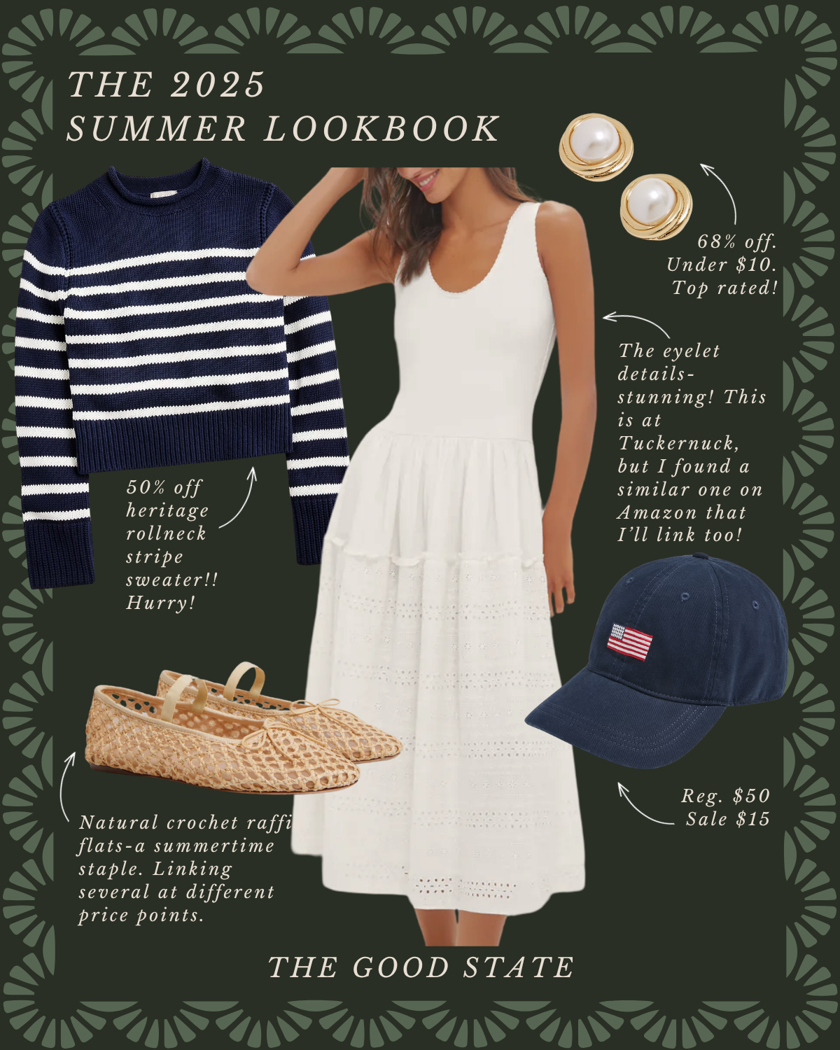 A summer lookbook featuring a navy and white striped knit sweater, a white sleeveless dress with eyelet details, beige crochet flats, a navy baseball cap with an American flag patch, and pearl stud earrings with gold trim. Text highlights discounts a