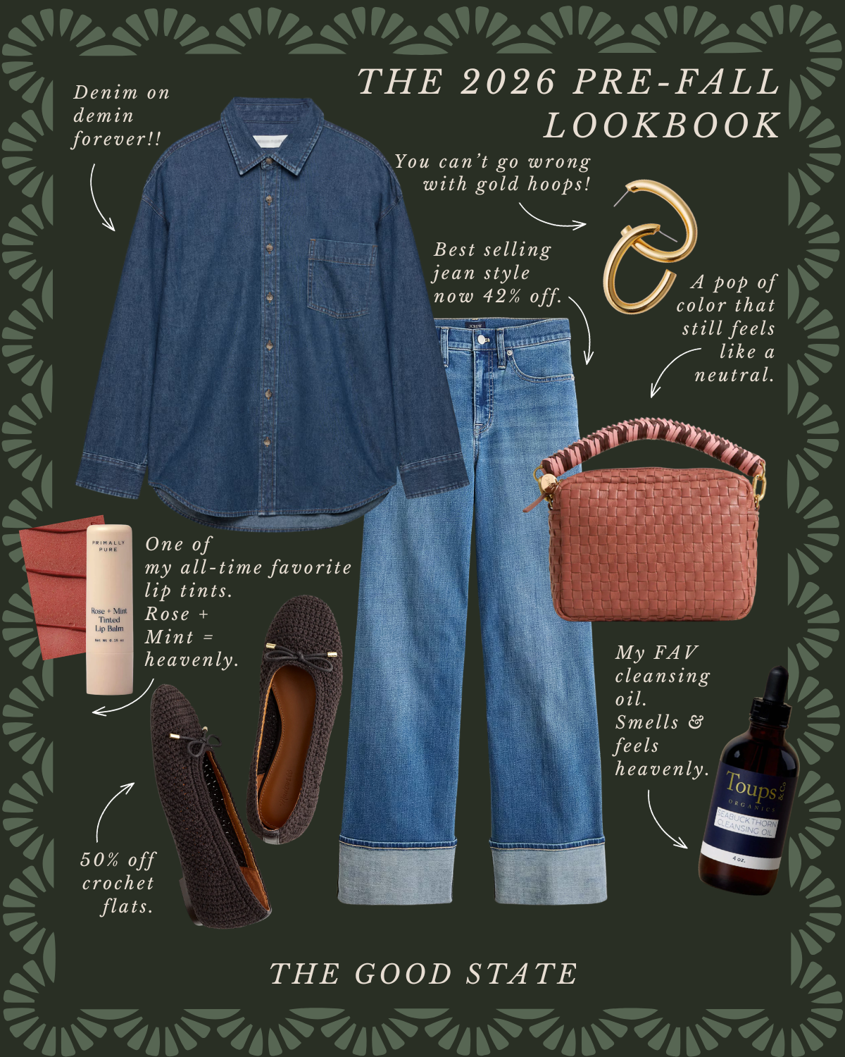 Pre-fall 2026 lookbook featuring denim shirt, jeans with 42% off, black crochet flats with 50% off, pink woven handbag, gold hoop earrings, rose mint lip balm, and cleansing oil with callouts for fashion and beauty items.