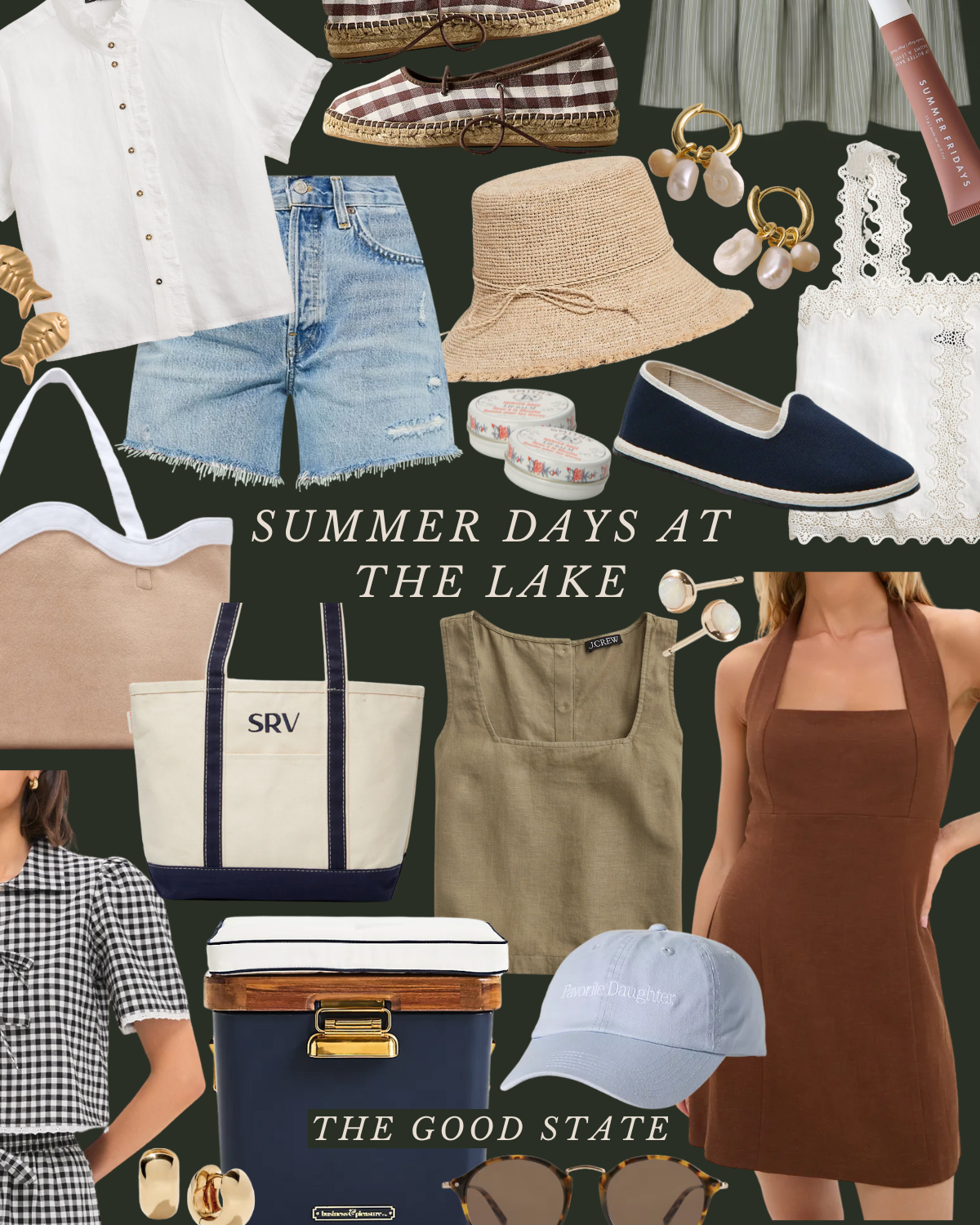 Flat lay of summer fashion and accessories including a white button-up shirt, distressed denim shorts, plaid slip-on shoes, straw sun hat, pearl jewelry, white lace top, canvas tote bag, checkered dress, insulated cooler, gray baseball cap with embro