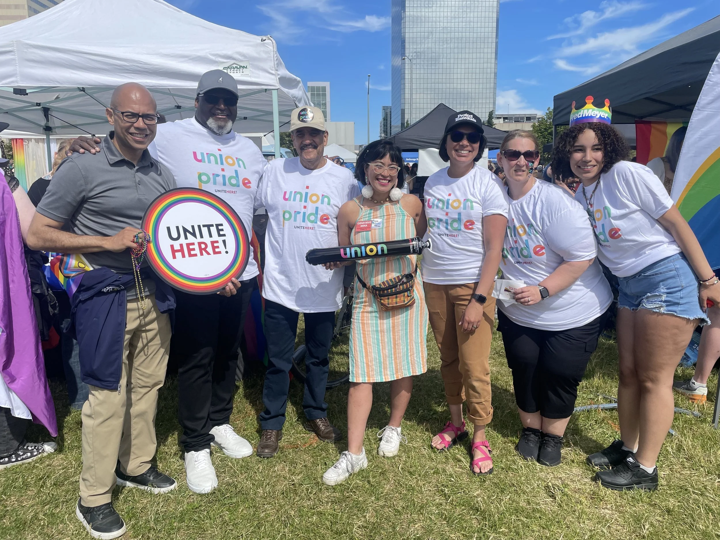 Löki and Genevieve pictured with union members