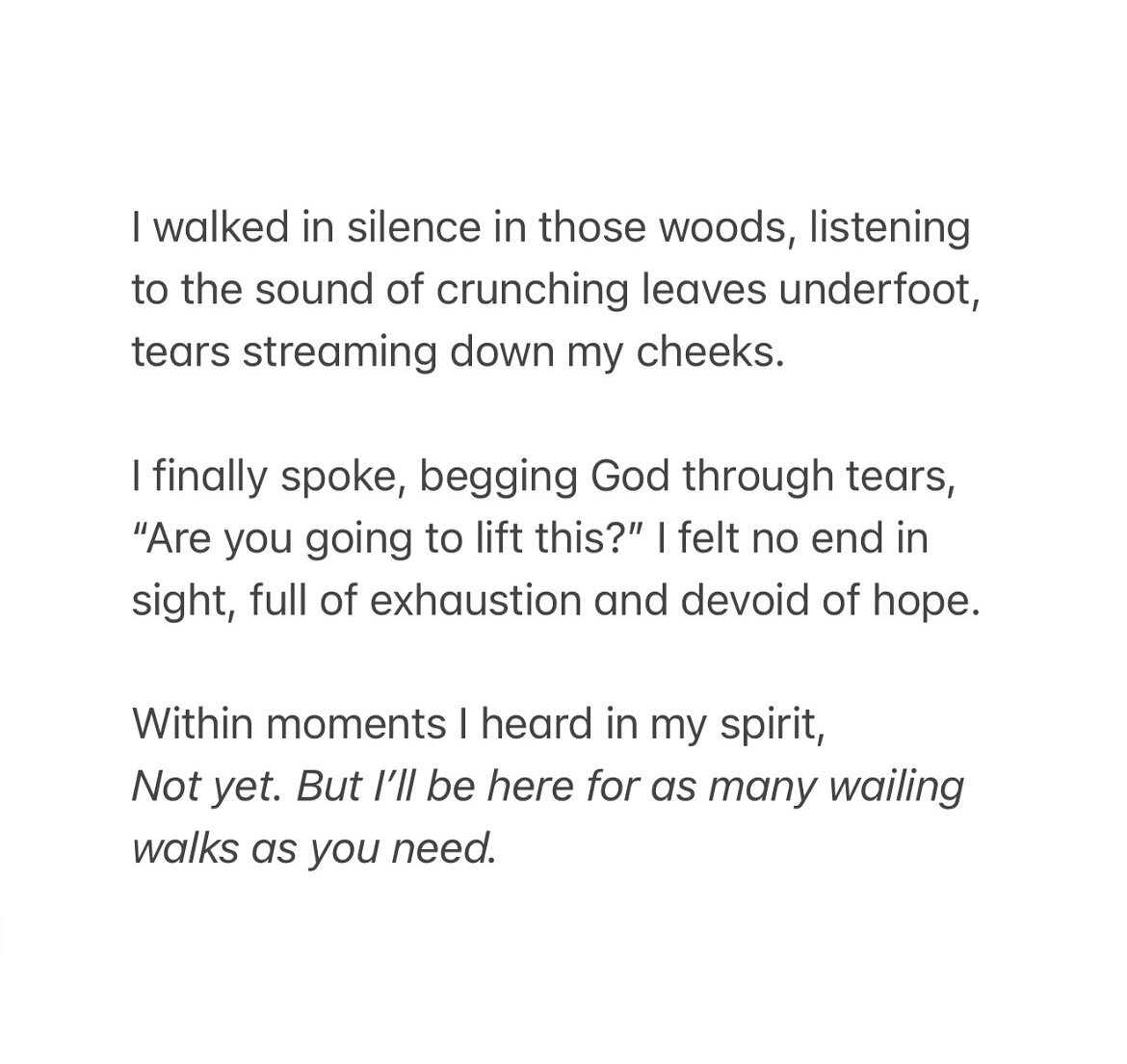 This wasn&rsquo;t the answer I wanted.

In my plan, God was supposed to bring rescue and relief. Wasn&rsquo;t he the one who makes our burden light? How long must I sustain this endless loop of grief?

I didn&rsquo;t want to keep walking this story o