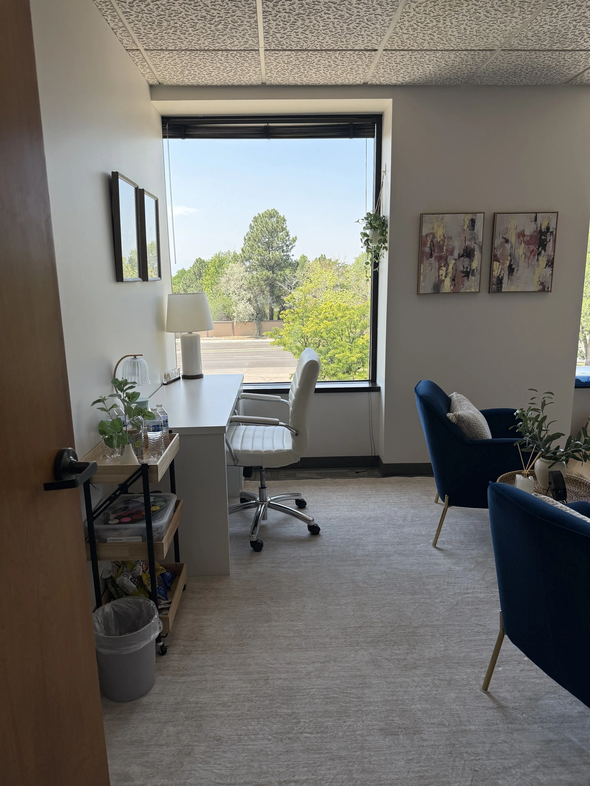 Bright, private therapy office available for sublease, featuring a desk, comfortable seating, and a welcoming professional environment.
