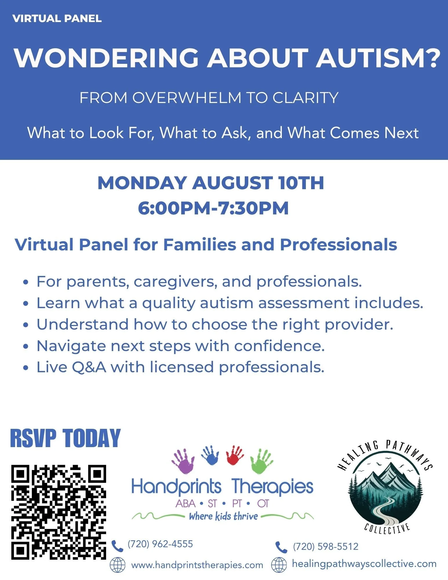 Healing Pathways Collective flyer advertising a virtual autism panel on understanding autism evaluations, selecting providers, and navigating the assessment process.