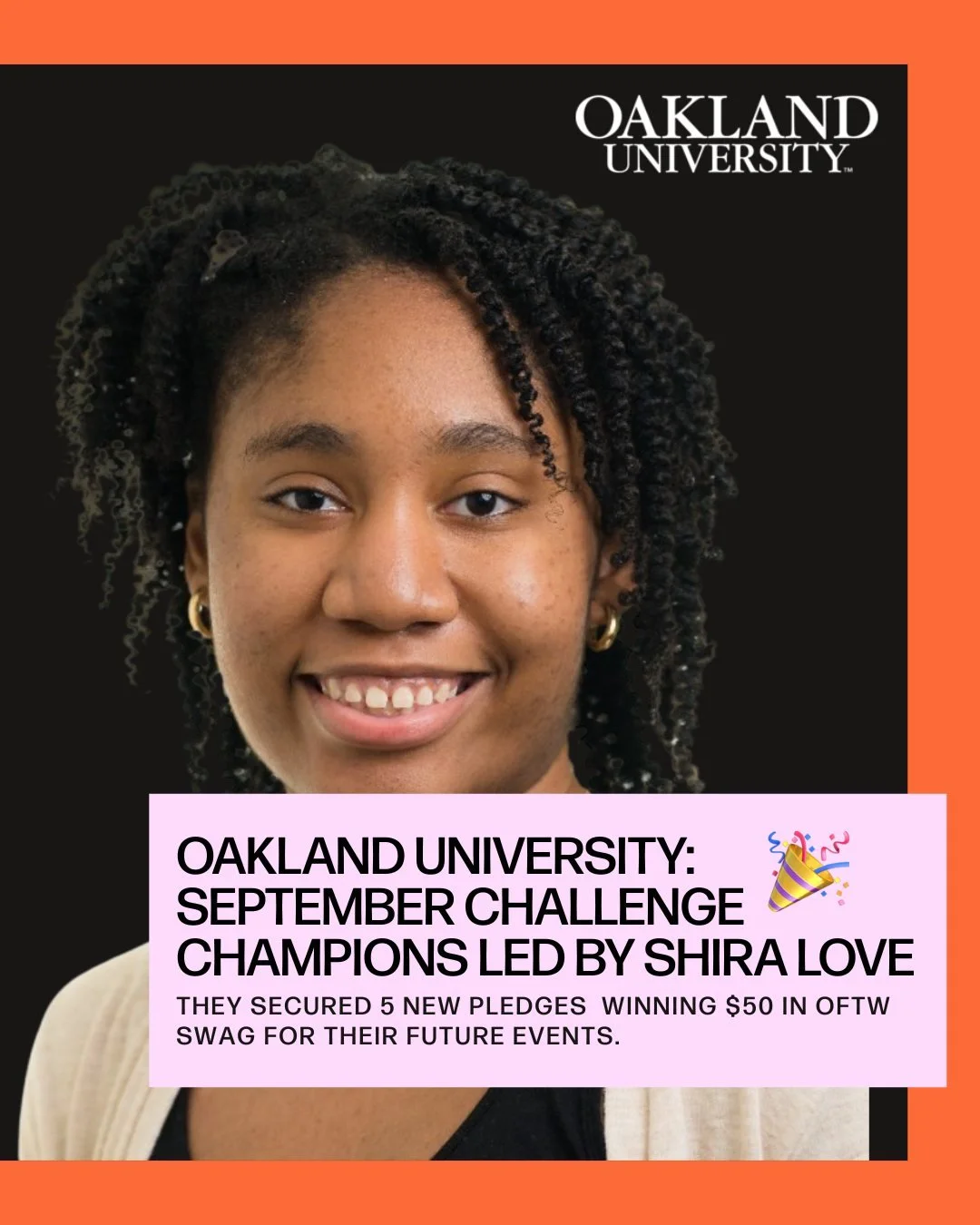Shira Love, from Oakland University, claimed victory 🏆 in our September Challenge with 5 new pledges 💪, while Christiana Okonko at Auburn University showed fearless leadership; proving that one bold action can ignite an entire chapter. 🙌⠀
 ⠀
⠀
Her