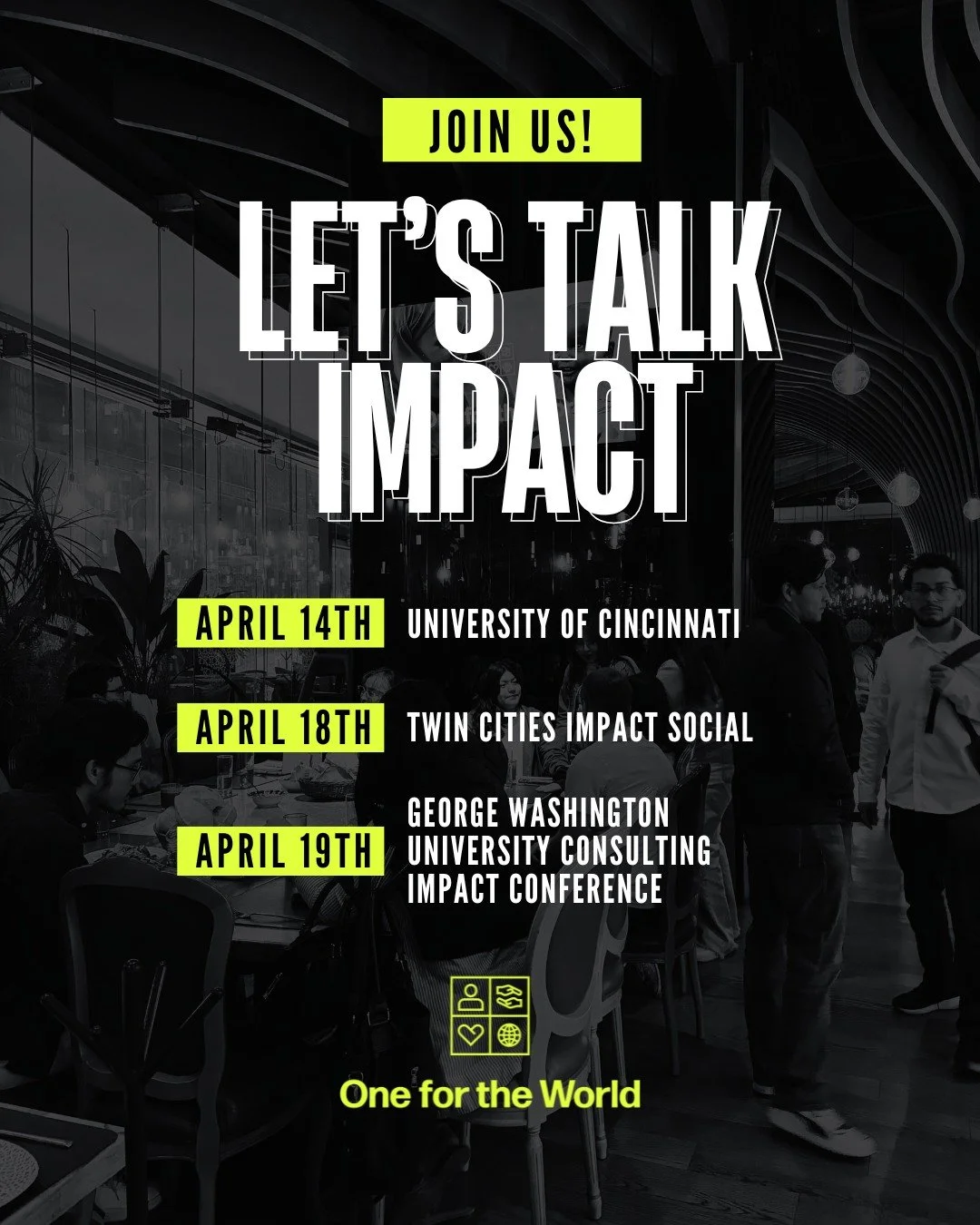 It's a busy week here at One for the World! 🌎💙 We have a few campus and community events going on across Ohio, Minnesota, and Washington DC. If you're in the neighborhood, we'd love to see you!

For more information, reach out to our Program Direct