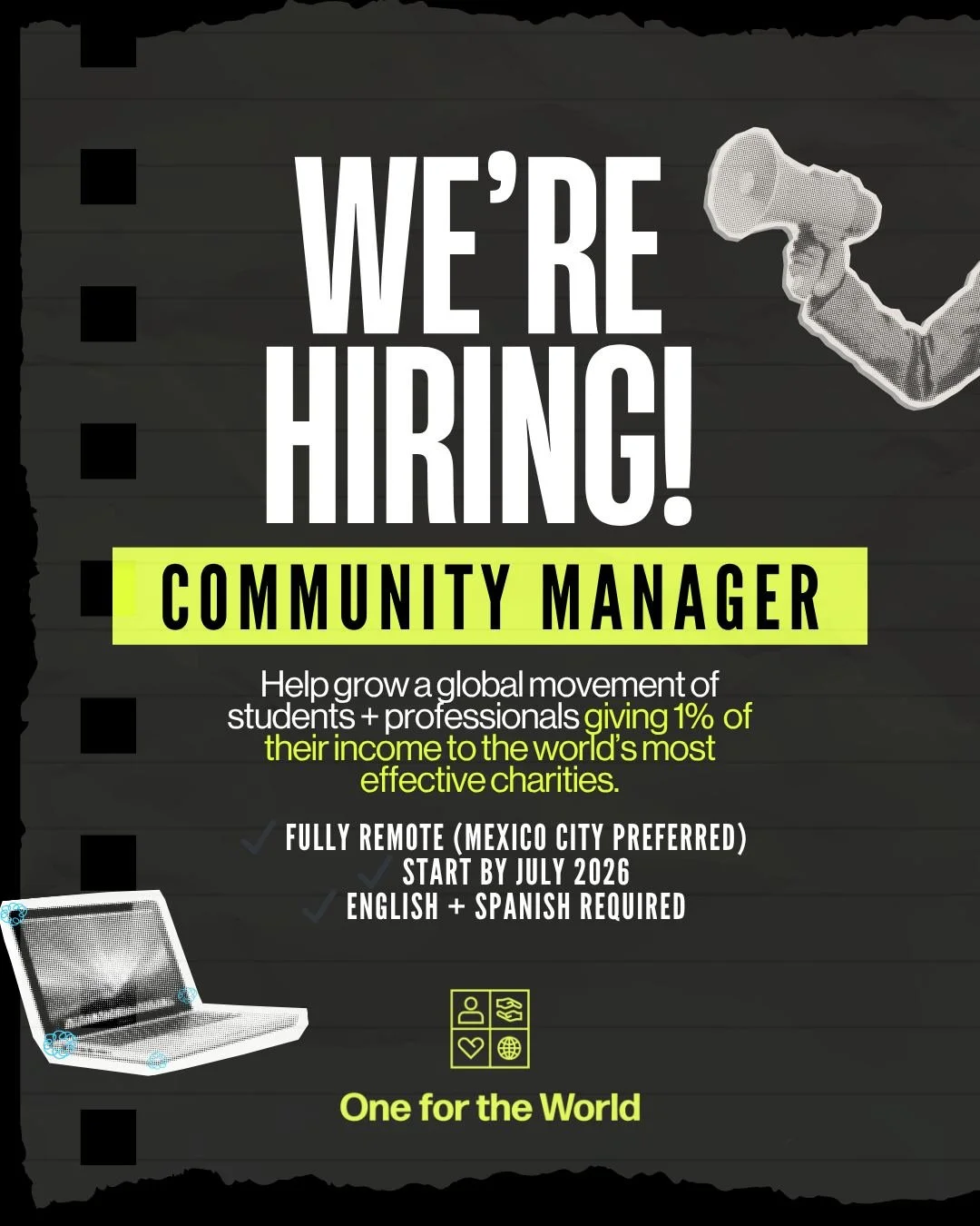 Build a stronger community. Save lives. 🌍⠀
⠀
We&rsquo;re hiring a Community Manager at One for the World!⠀
Fully remote. Real impact.⠀
Turn 1% into something that actually matters.⠀
⠀
Apply by May 8, 2026 here 👉 https://bit.ly/41JC0GM