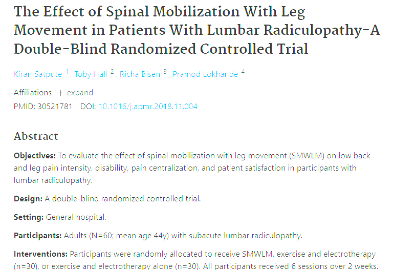The Effect of Spinal Mobilization With Leg Movement in Patients With Lumbar Radiculopathy