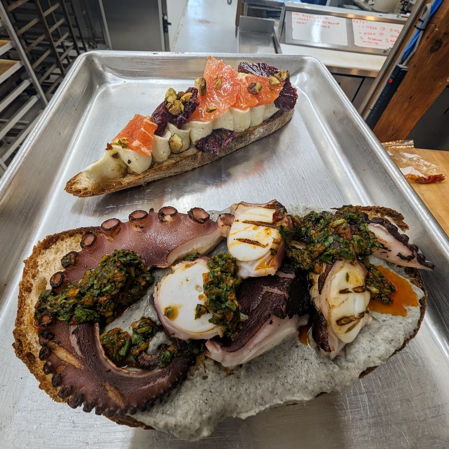 @thegrumpypelican Citrus and Honey ricotta tartine on our Baguette up top. Below you have the Charred Octopus with black sesame &amp; cauliflower tahini on Coastside sourdough. Both will be available on Saturday evening 4/27 from 5pm-8pm.