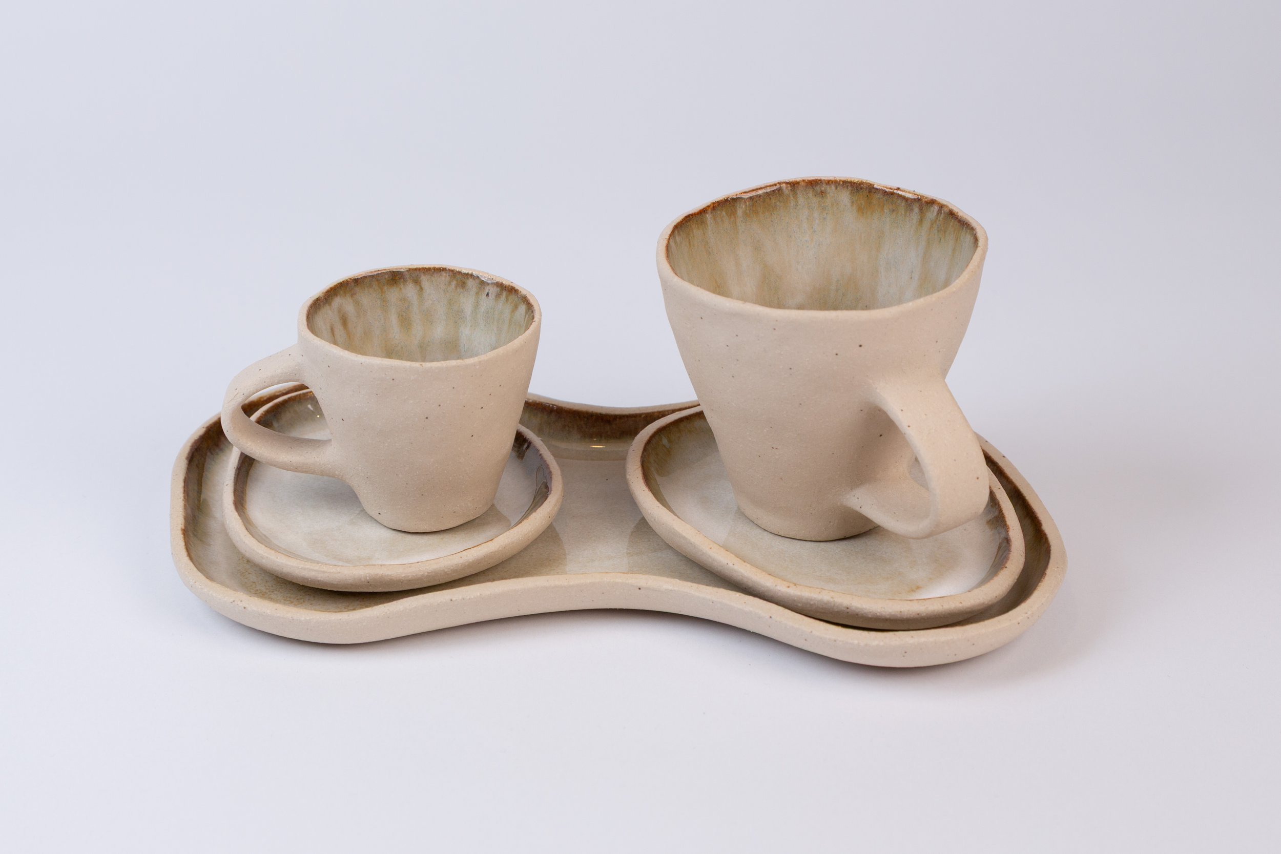 Full set including espresso cup, flat white mug, 2 saucers and large plate. A collaboration between Rachel Kay and Studio Taitt