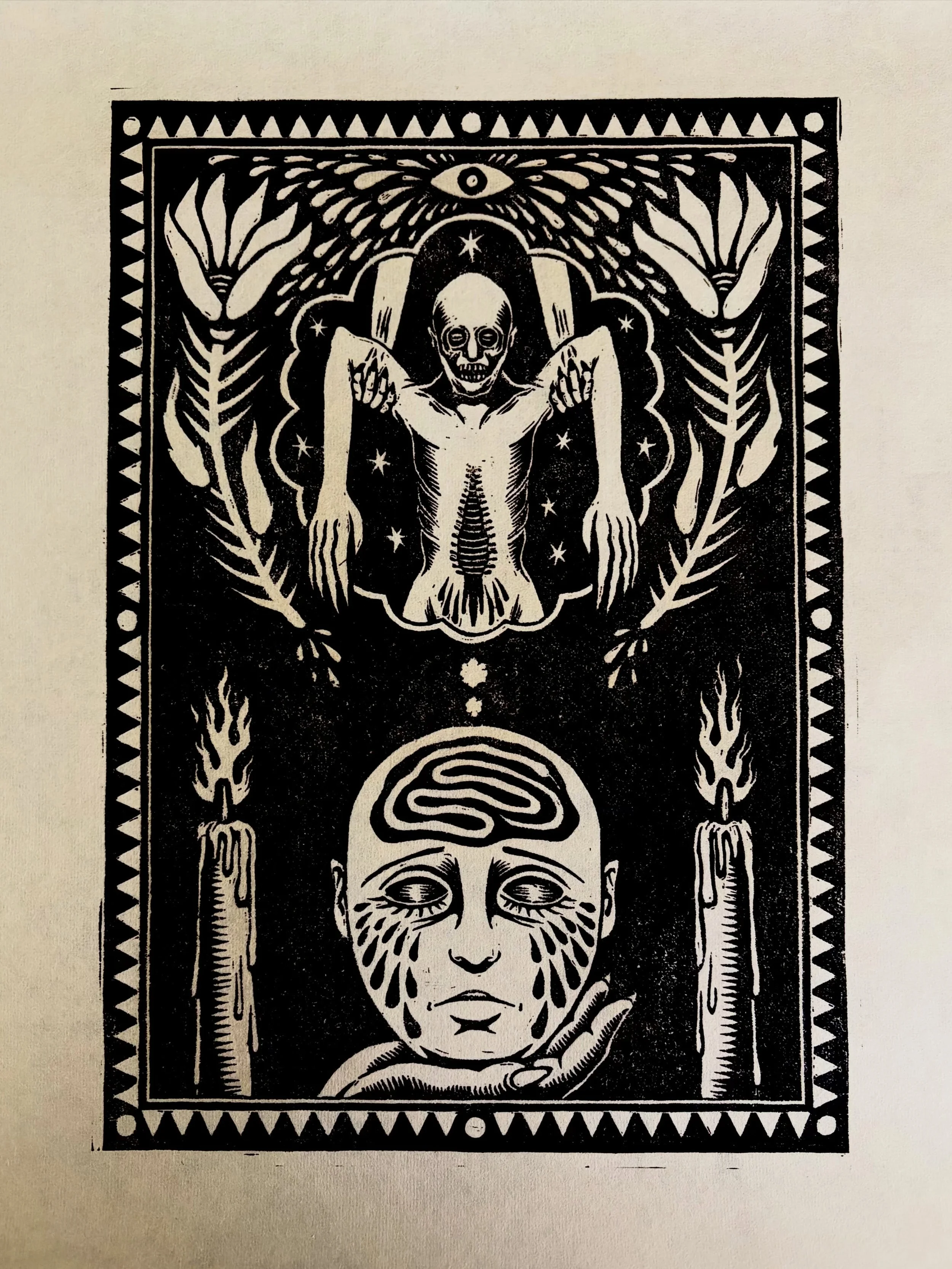 ▪️PERSONAL WORK▪️
My lino printing setup is fairly rudimentary. I&rsquo;m still trying different methods of transferring the design to the block, and I think this method of using acrylic medium left behind a kind of ~skin~ on the lino that ultimately