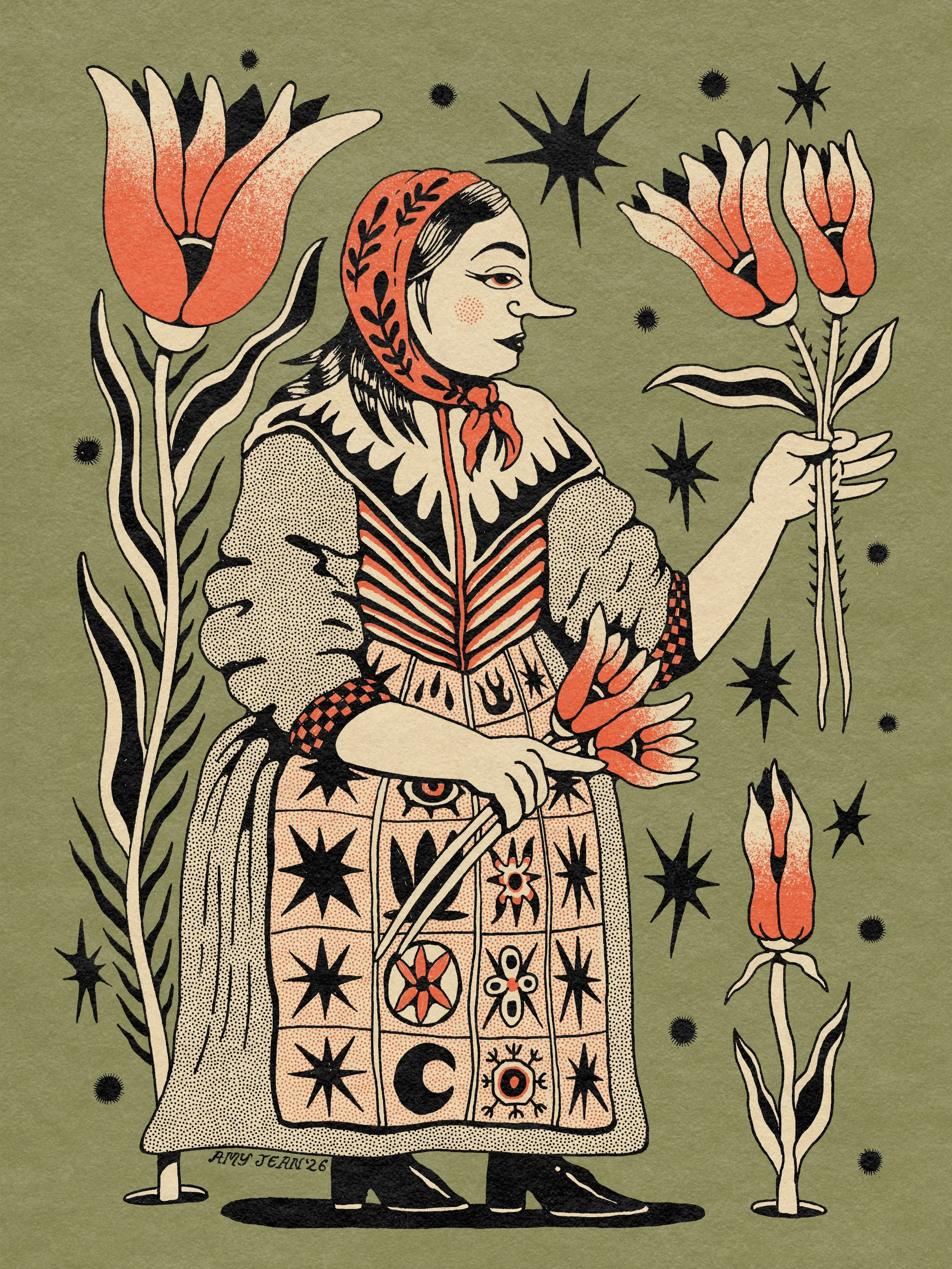 WITCH HOLDING FLOWERS
I see her as a protector of sorts. She&rsquo;s bringing us some healing plants to help us through the winter. I don&rsquo;t know&hellip; she&rsquo;s definitely not excited about it but it&rsquo;s just in her nature to tend.
.
In