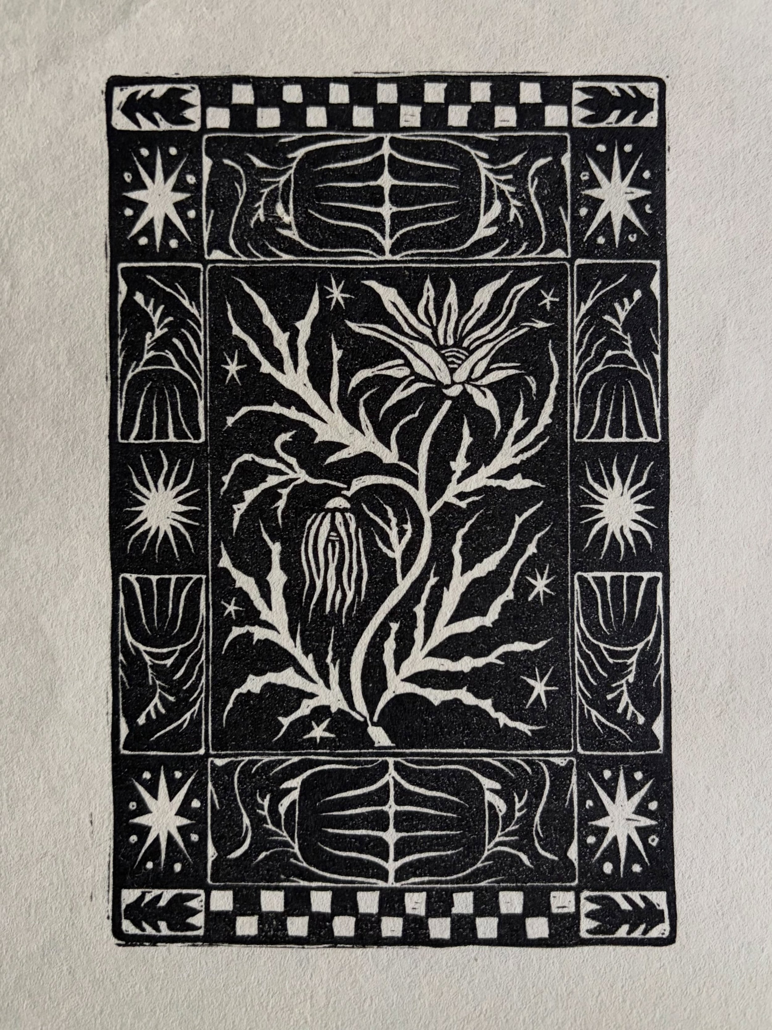 A new relief print :-)
I&rsquo;m surprised the small detail worked in this one. The block is 10x15cm. Printed with Cranfield Caligo Safe Wash.
