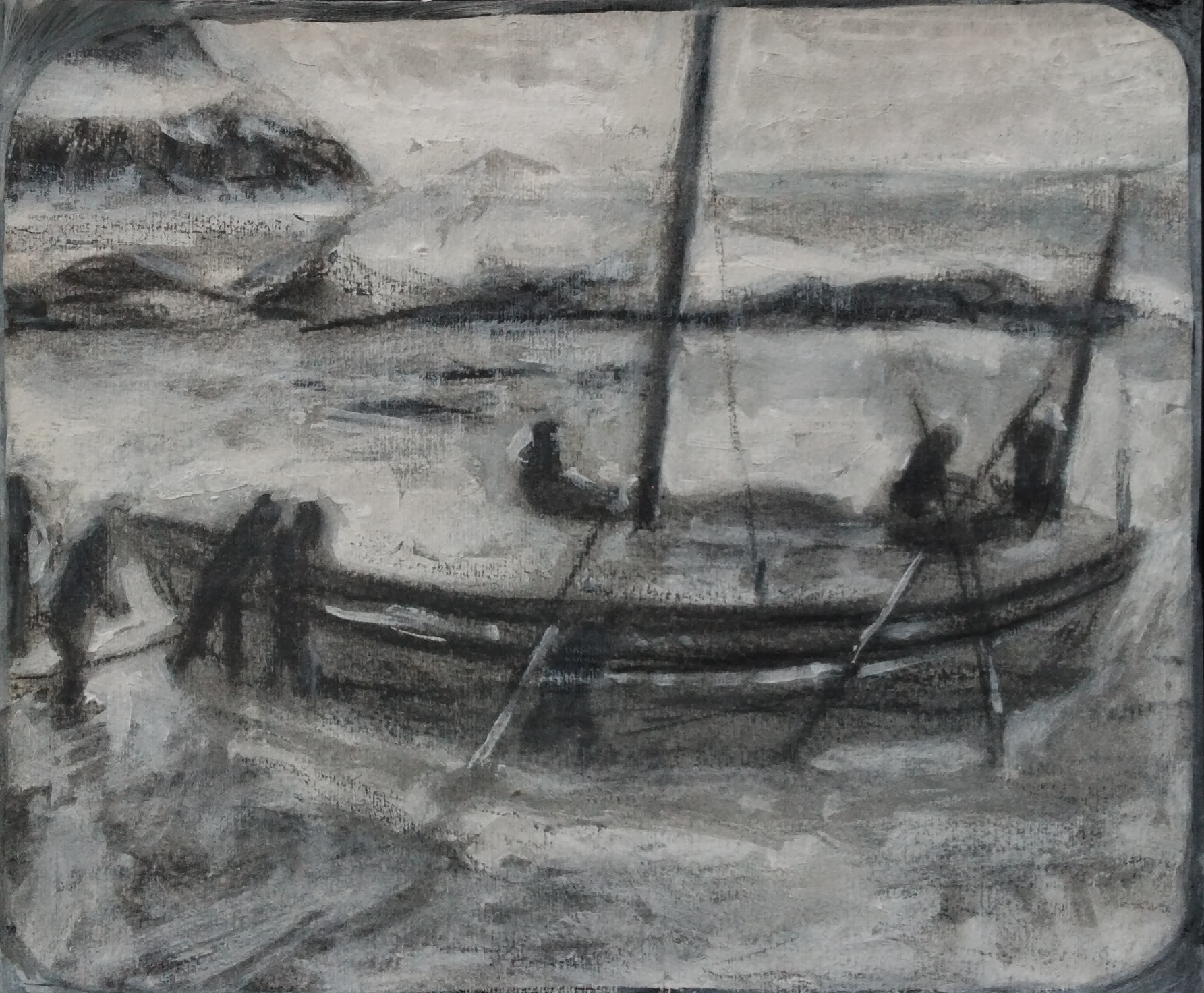 Launching The Boats, Aaron Butt, 2025, charcoal on card, 27 x 23 cm, $180, Framed
