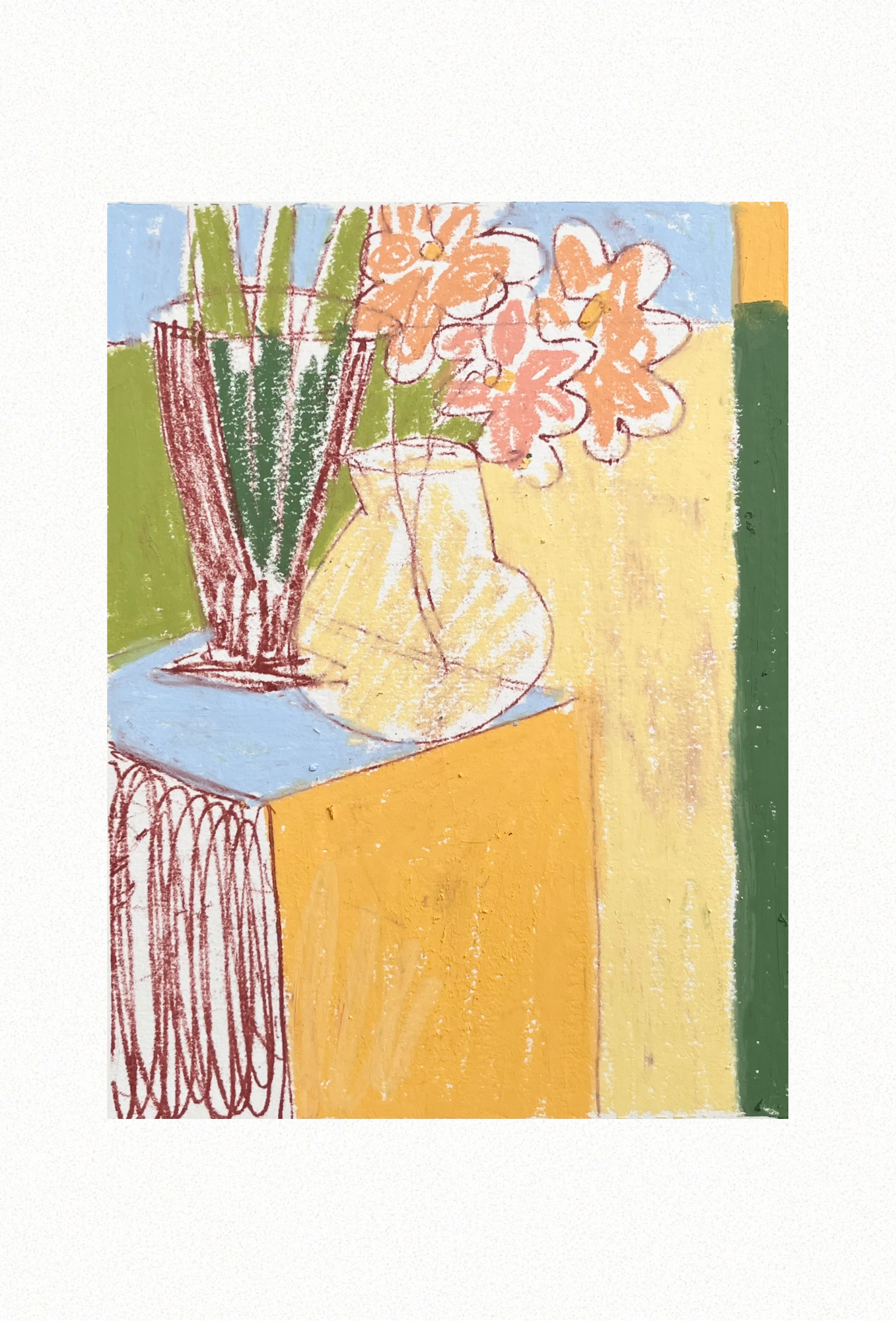 Spring Still Life IV 2022, Oil Pastel & Monotype on Archival Paper. 28cm x 19cm. BY FRANCES. $105. SOLD