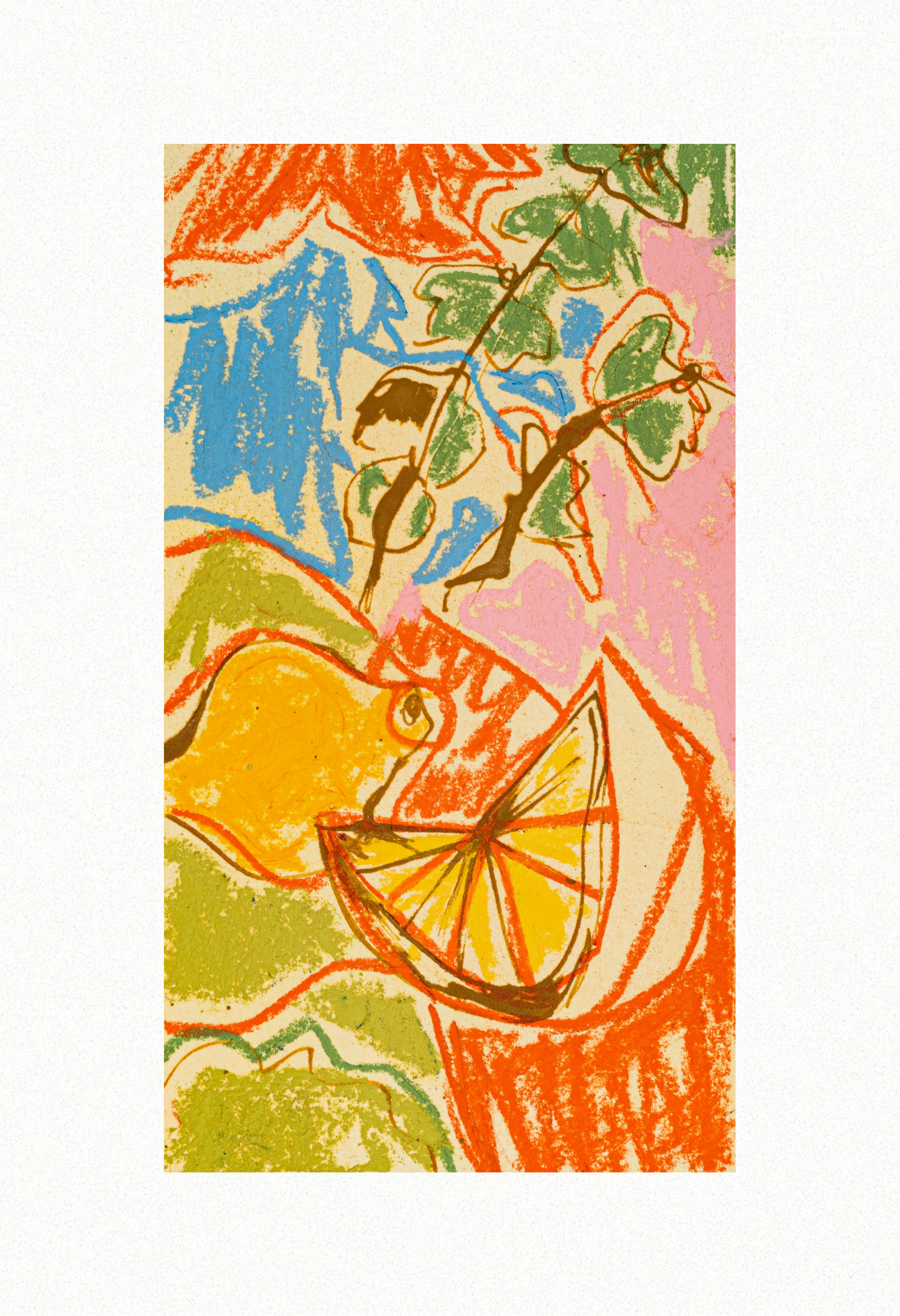 Spring Still Life Colour I 2022, Oil Pastel & Acrylic Ink on Archival Paper. 19.5cm x 28.5cm. Rhianna Phillips. $100.