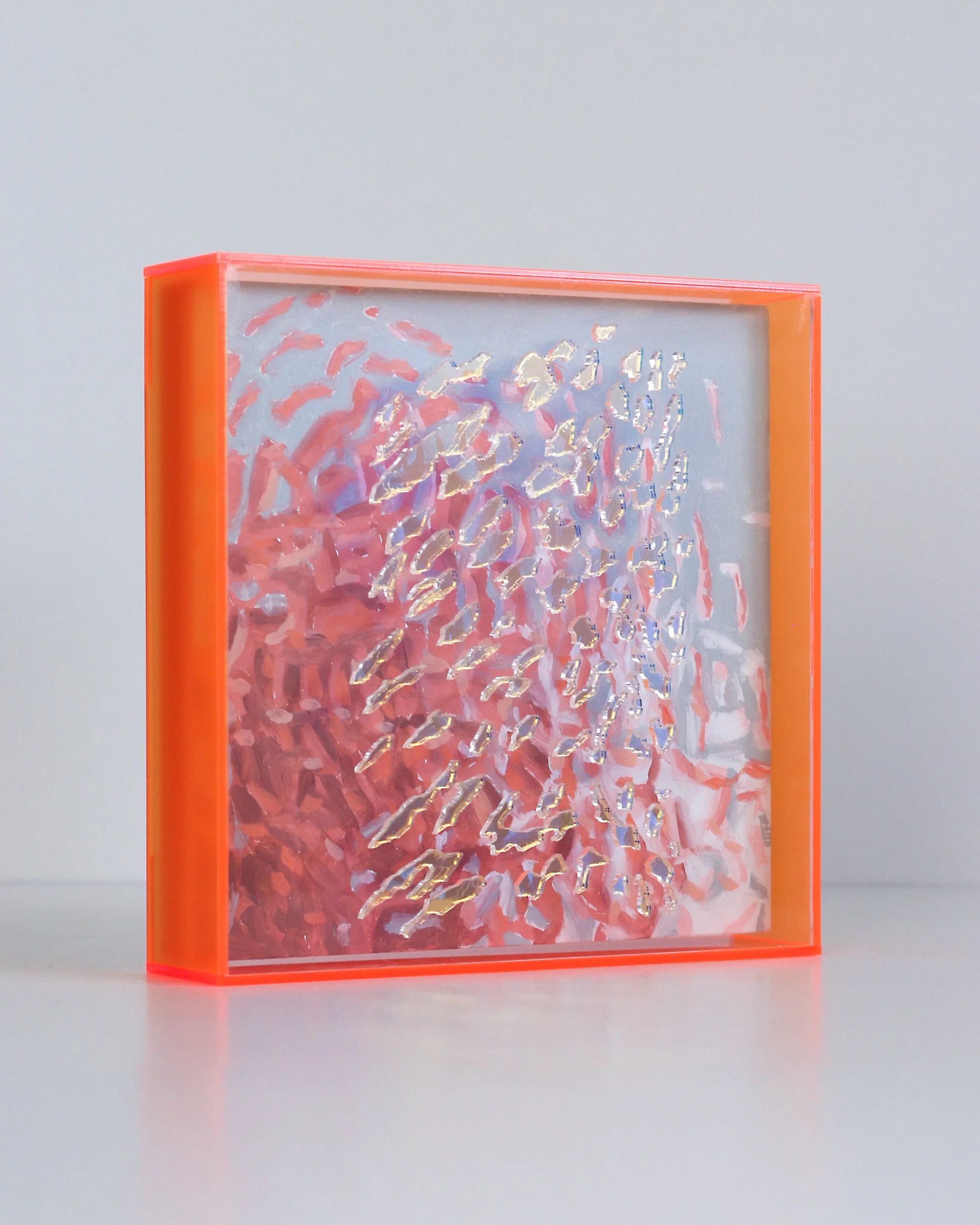 NFS | Arctic Impression, Flame Orange, Jo Isabel Klima, 2026, oil on wood panel and plexiglass, 21 x 21 x 5 cm, $315