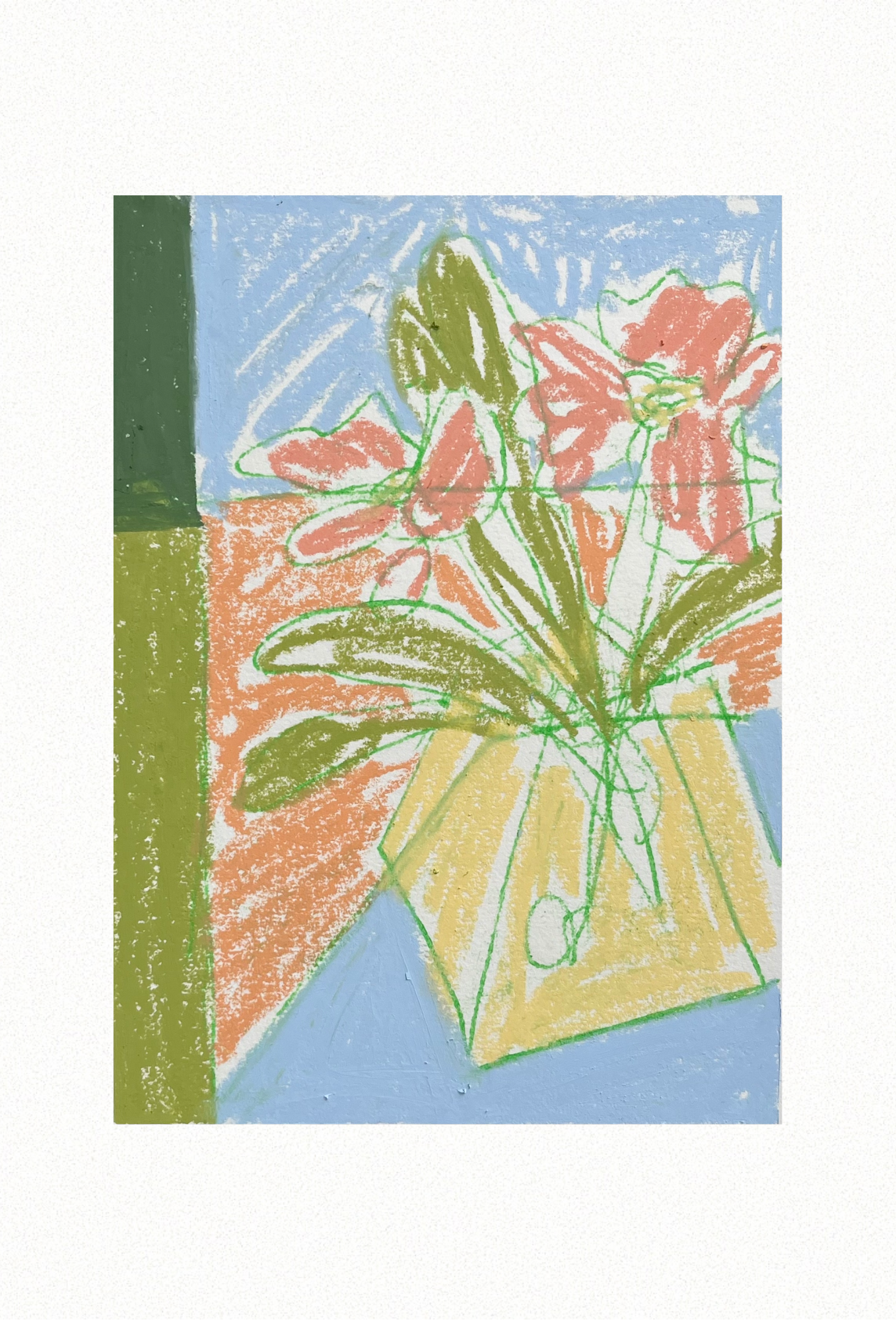 Spring Still Life III 2022, Oil Pastel & Monotype on Archival Paper. 28cm x 19cm. BY FRANCES. $105.