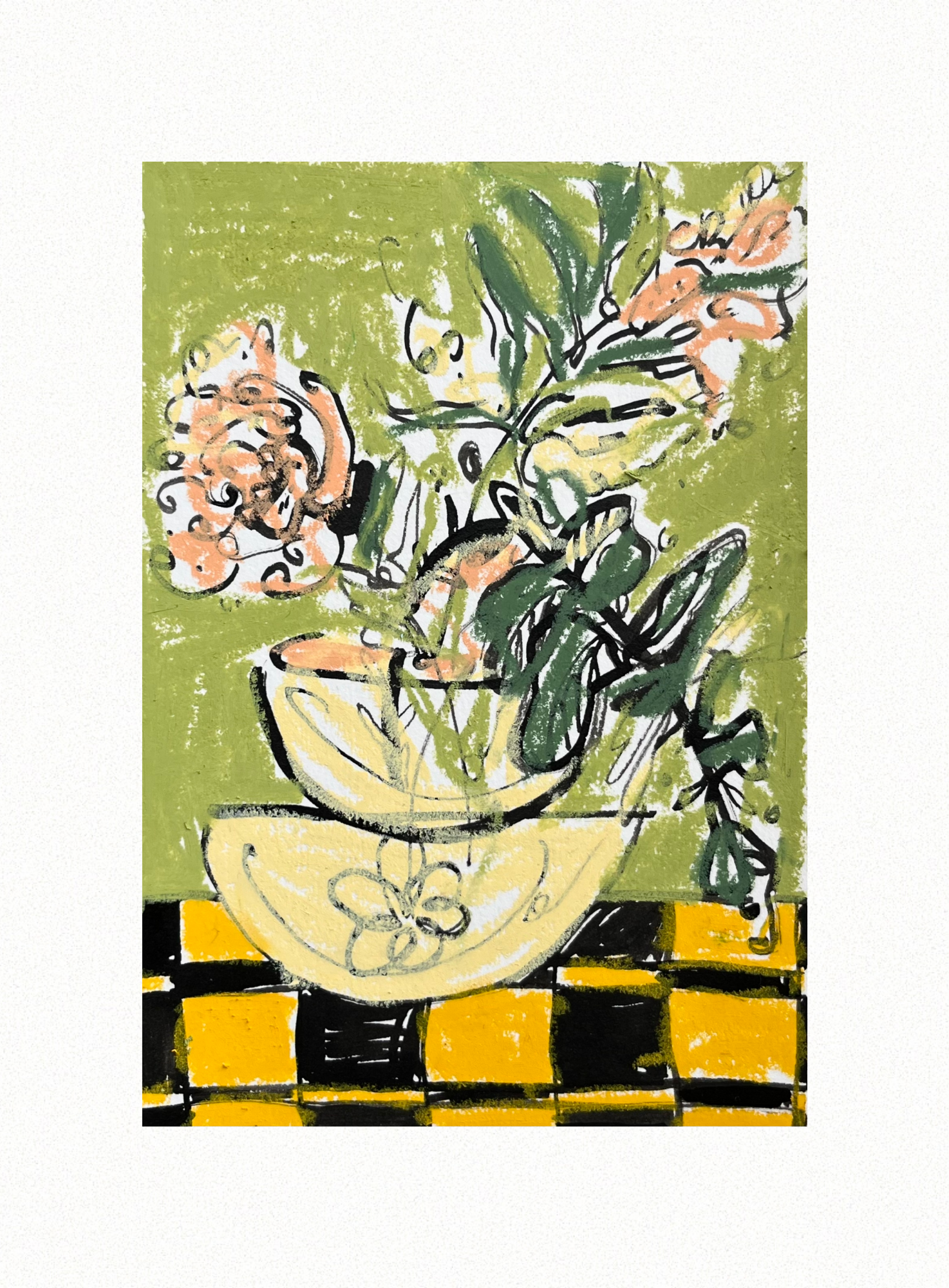 Bouquet In My Study I 2022, Oil Pastel & Acrylic Ink on Archival Paper. 19cm x 14cm. BY FRANCES. $65.