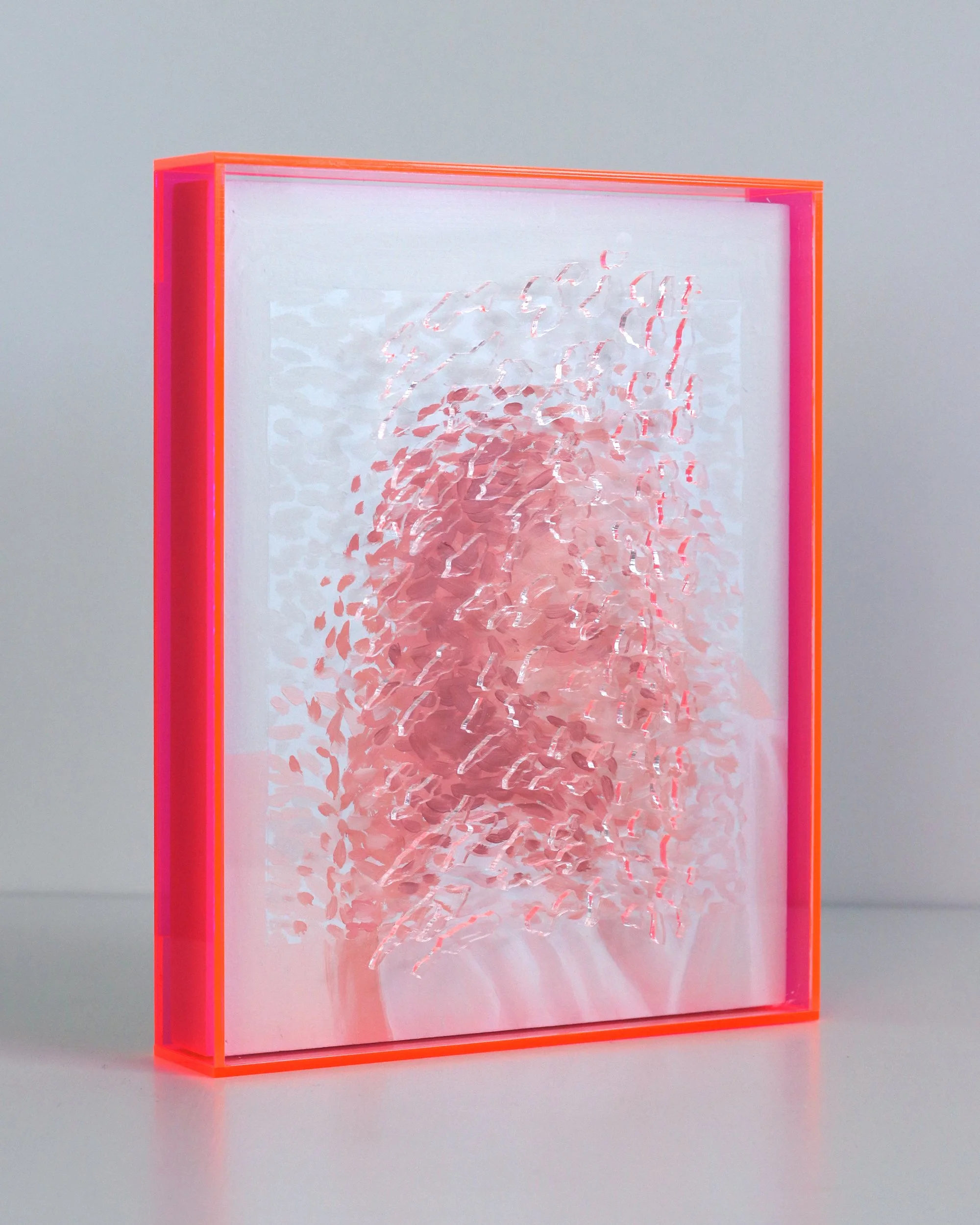 Glimmer Impression, Pink, Jo Isabel Klima, 2026, oil on wood panel and plexiglass, 21 x 26 x 4.5 cm, NFS