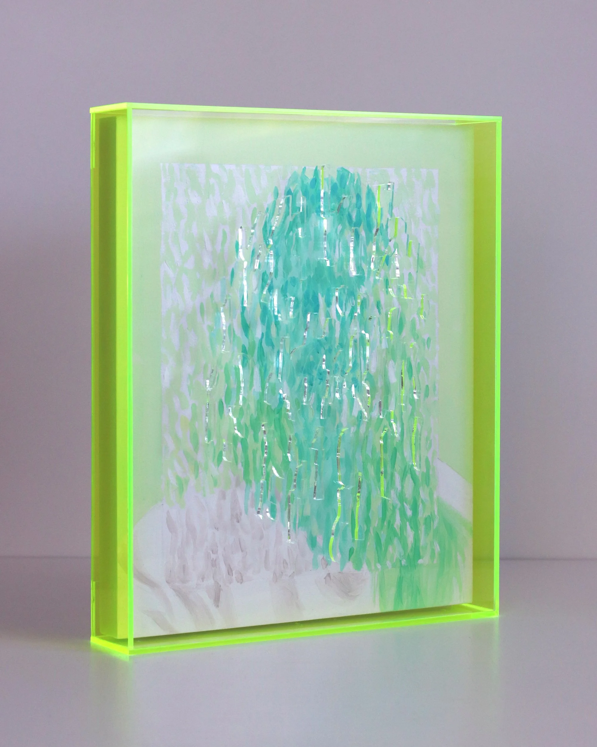 Ripple Impression, Fluoro Green, Jo Isabel Klima, 2026, oil on wood panel and plexiglass, 26 x 31 x 5 cm, $545
