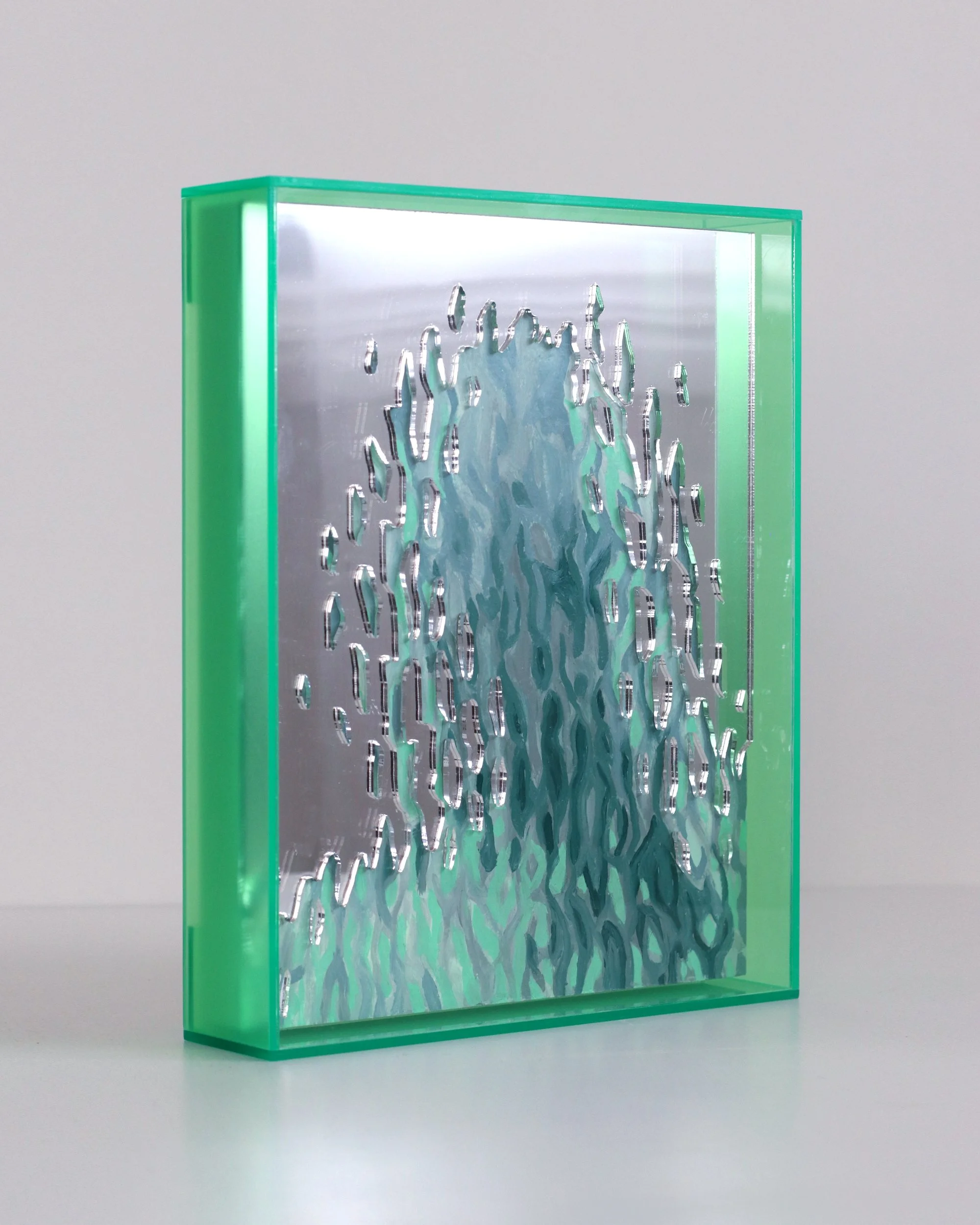 Glister Mirror, Apple Green, Jo Isabel Klima, 2026, oil on wood panel and plexiglass, 21 x 26 x 5 cm, $345