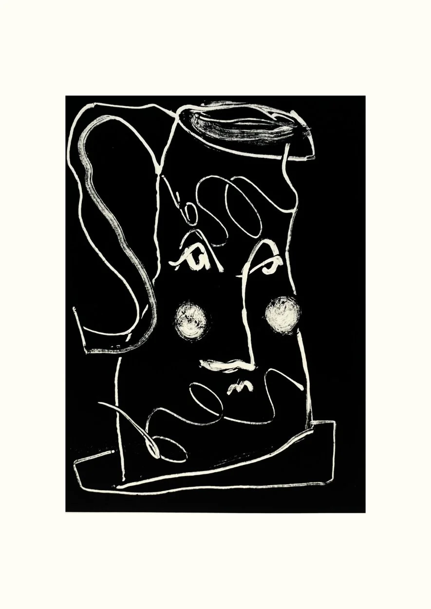 Anthropomorphic Vessel 18, Frances Caro, 2026, relief ink on paper, 45 x 60 cm, $395, Framed