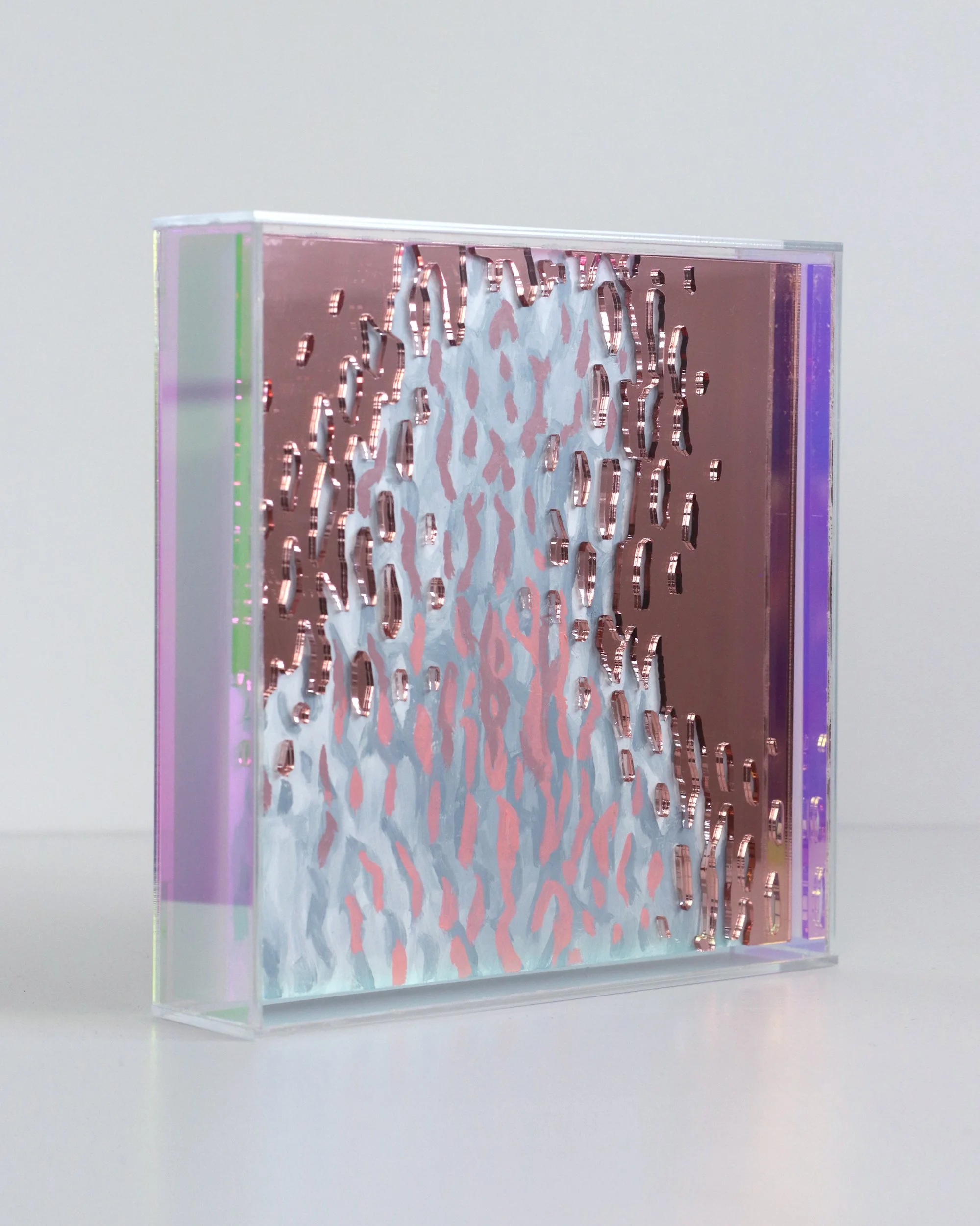 Glister Mirror, Rose Gold, Jo Isabel Klima, 2026, oil on wood panel and plexiglass, 21 x 21 x 4.5 cm, $315