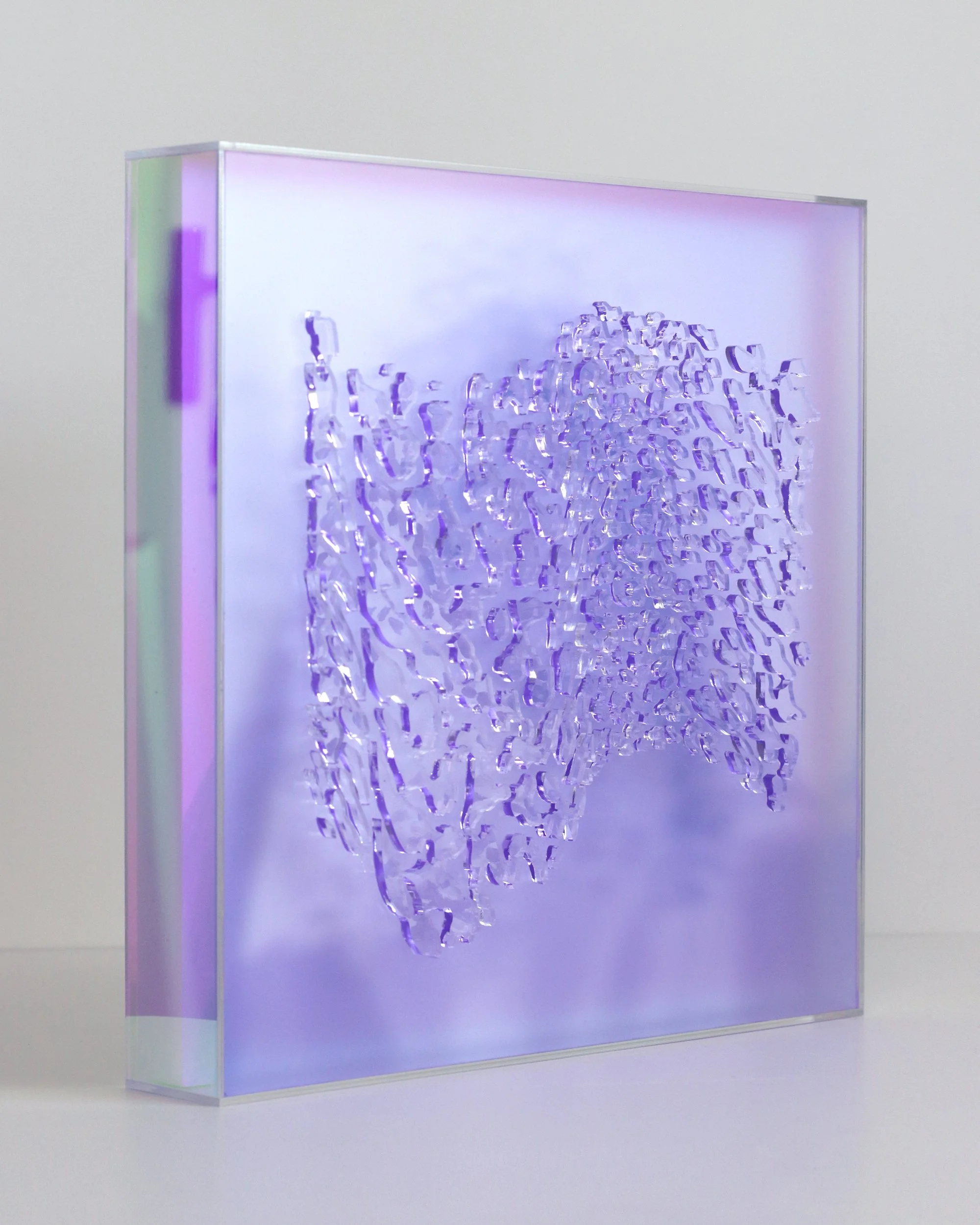 Glimmer Frost, Light Purple, Jo Isabel Klima, 2026, oil on wood panel and plexiglass, 30.5 x 30.5 x 5 cm, $545