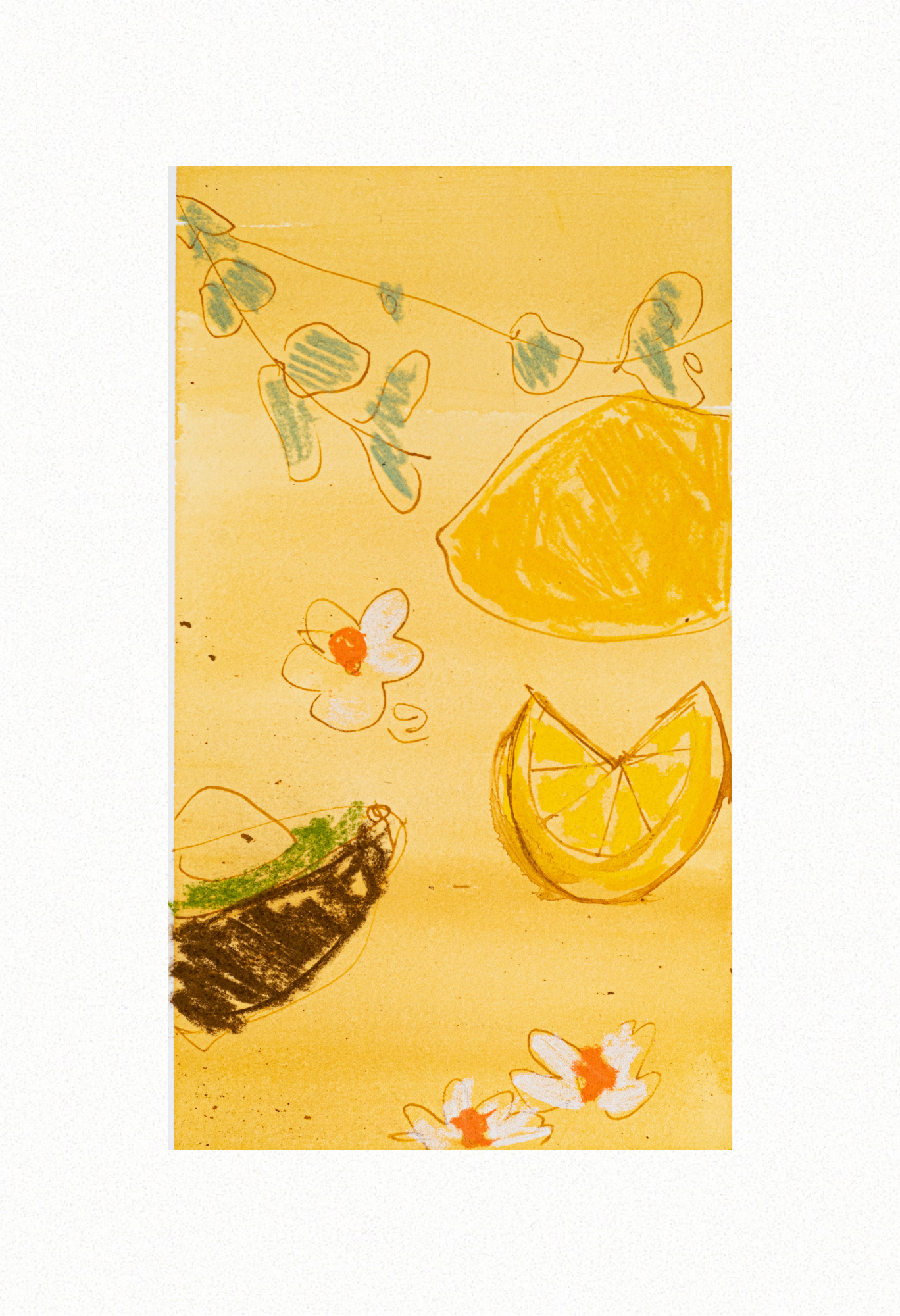 Lemon Paper I 2022, Oil Pastel & Acrylic Ink on Archival Paper. 19.5cm x 28.5cm. Rhianna Phillips. $100.