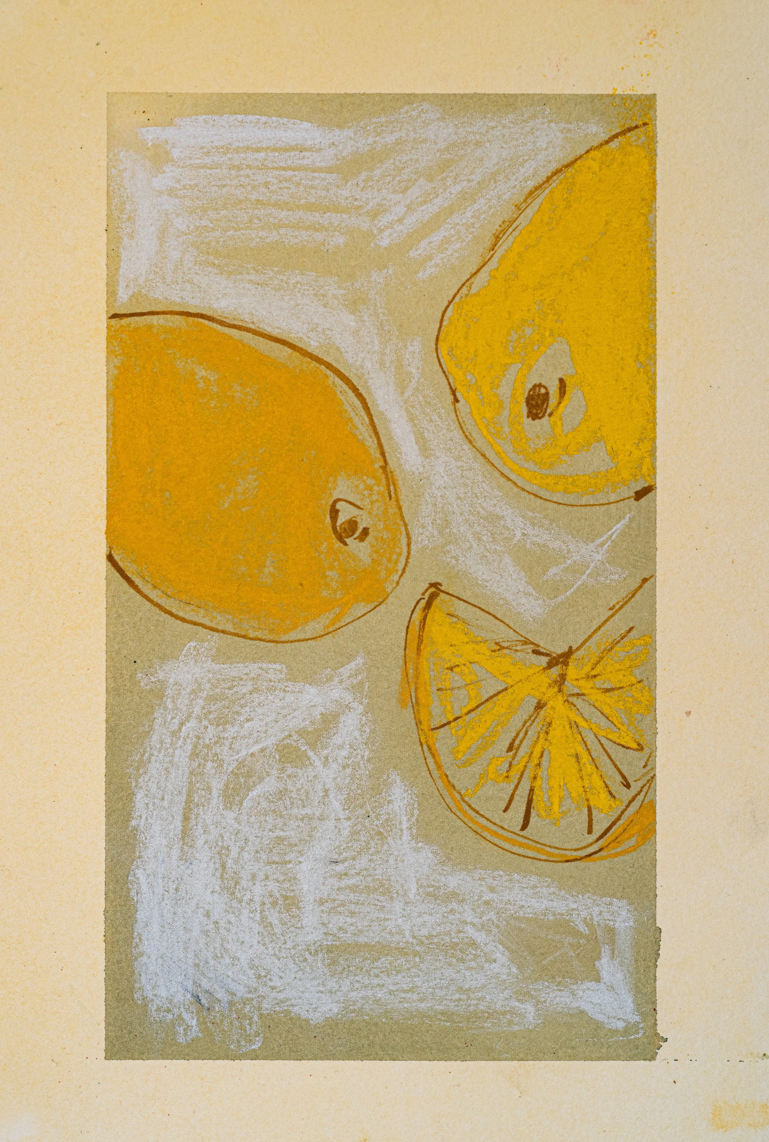Lemon Paper II 2022, Oil Pastel, Pencil & Acrylic Ink on Hand Dyed Archival Paper. 19.5cm x 28.5cm. Rhianna Phillips. $100.
