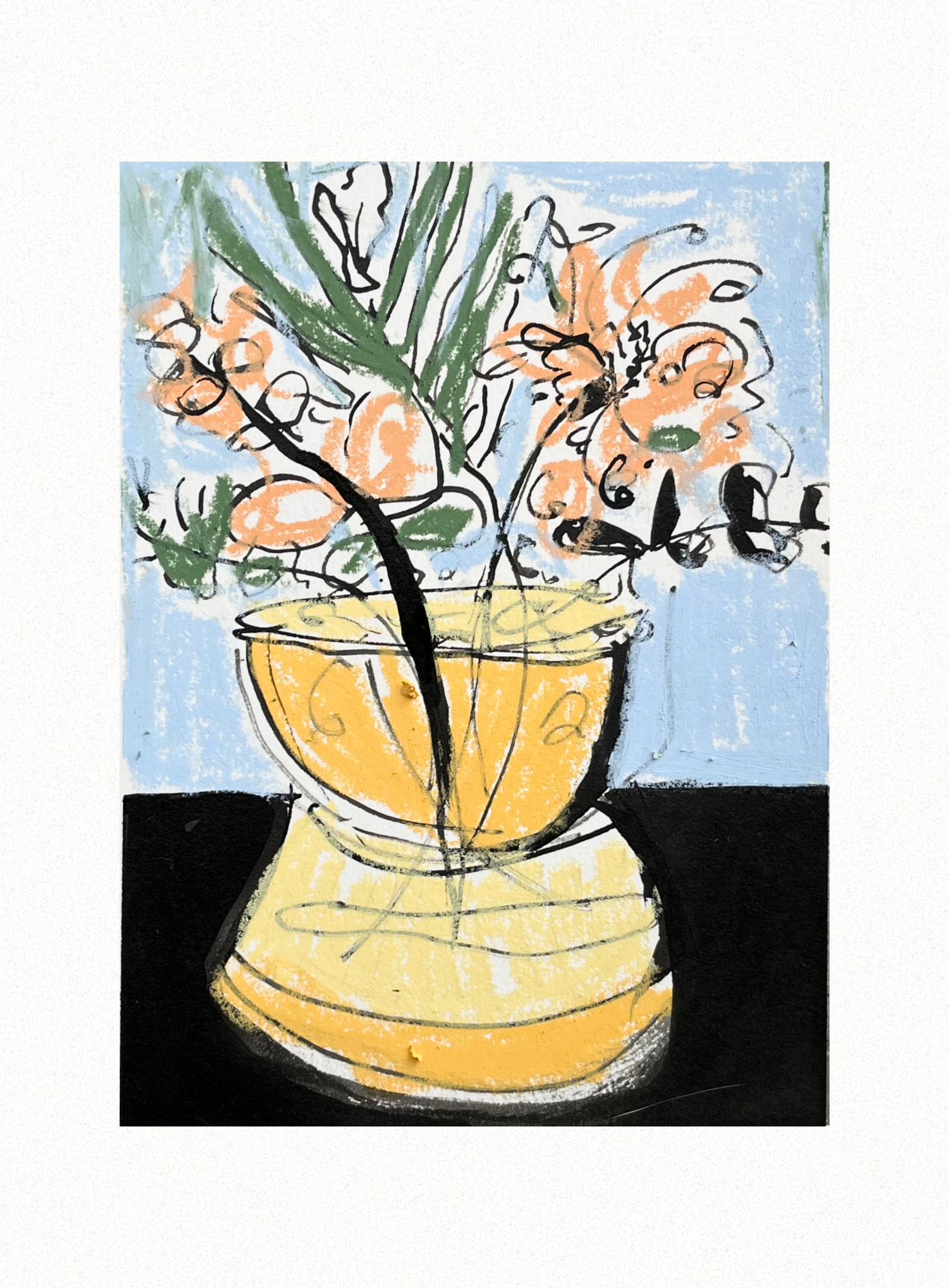 Bouquet In My Study II 2022, Oil Pastel & Acrylic Ink on Archival Paper. 19cm x 14cm. BY FRANCES. $65.