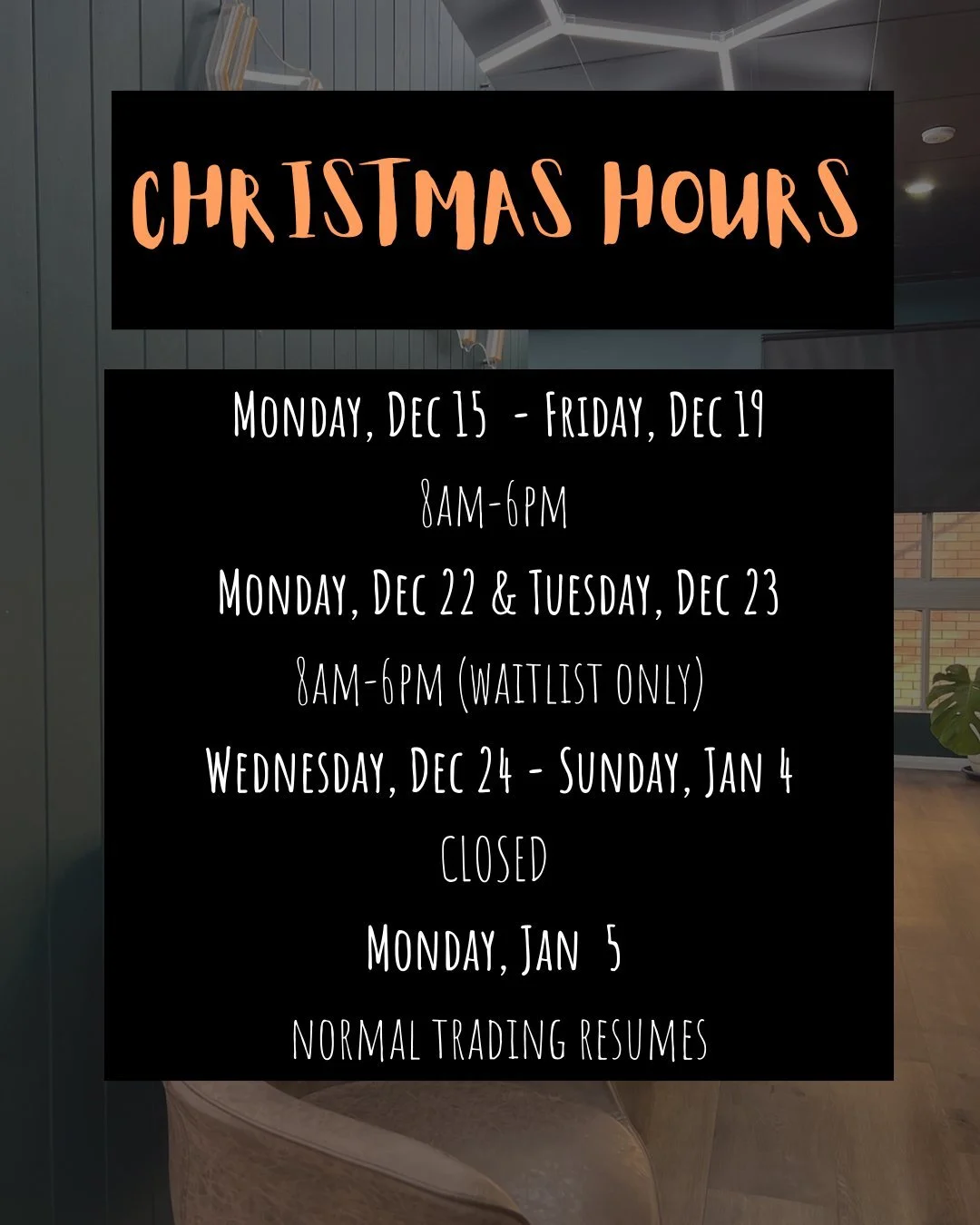 2025 Christmas hours have landed 💪 

Ronnie &amp; Jess will be taking a well-deserved break from Wednesday, December 24 until Monday, January 5. 

There are only a handful of appointments left before we close - follow the link in our bio to snap the