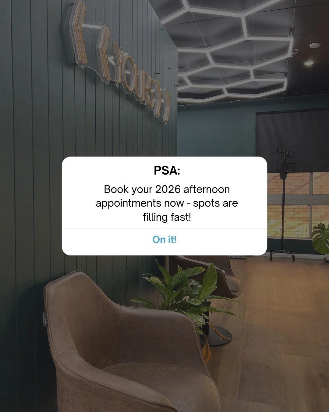 PSA for our clients: our afternoon appointments are booking fast! There&rsquo;s now a three-week wait for most available afternoon spots - it&rsquo;s our most popular haircut slot.

So, if you need an afternoon appointment in 2026, get organised - al