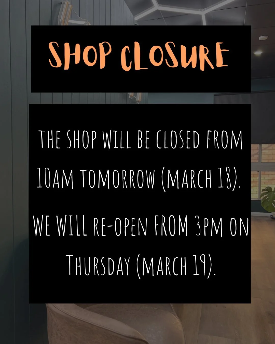Heads up legends - the shop will be closed from 10am tomorrow (March 18) &amp; will re-open from 3pm on Thursday (March 19). 

The shop is fully booked this week &amp; next week&rsquo;s spots are filling fast 🔥 Follow the link in our bio to book a c
