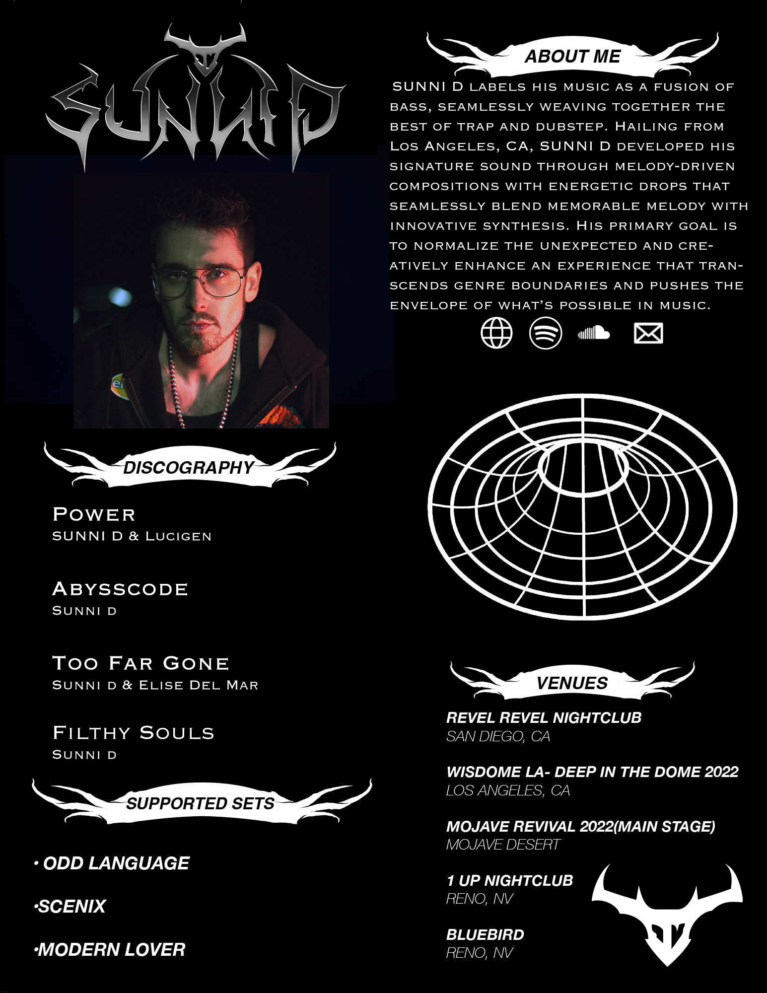 SUNNI D electronic press kit (EPK) outlining achievements, goals and project details.