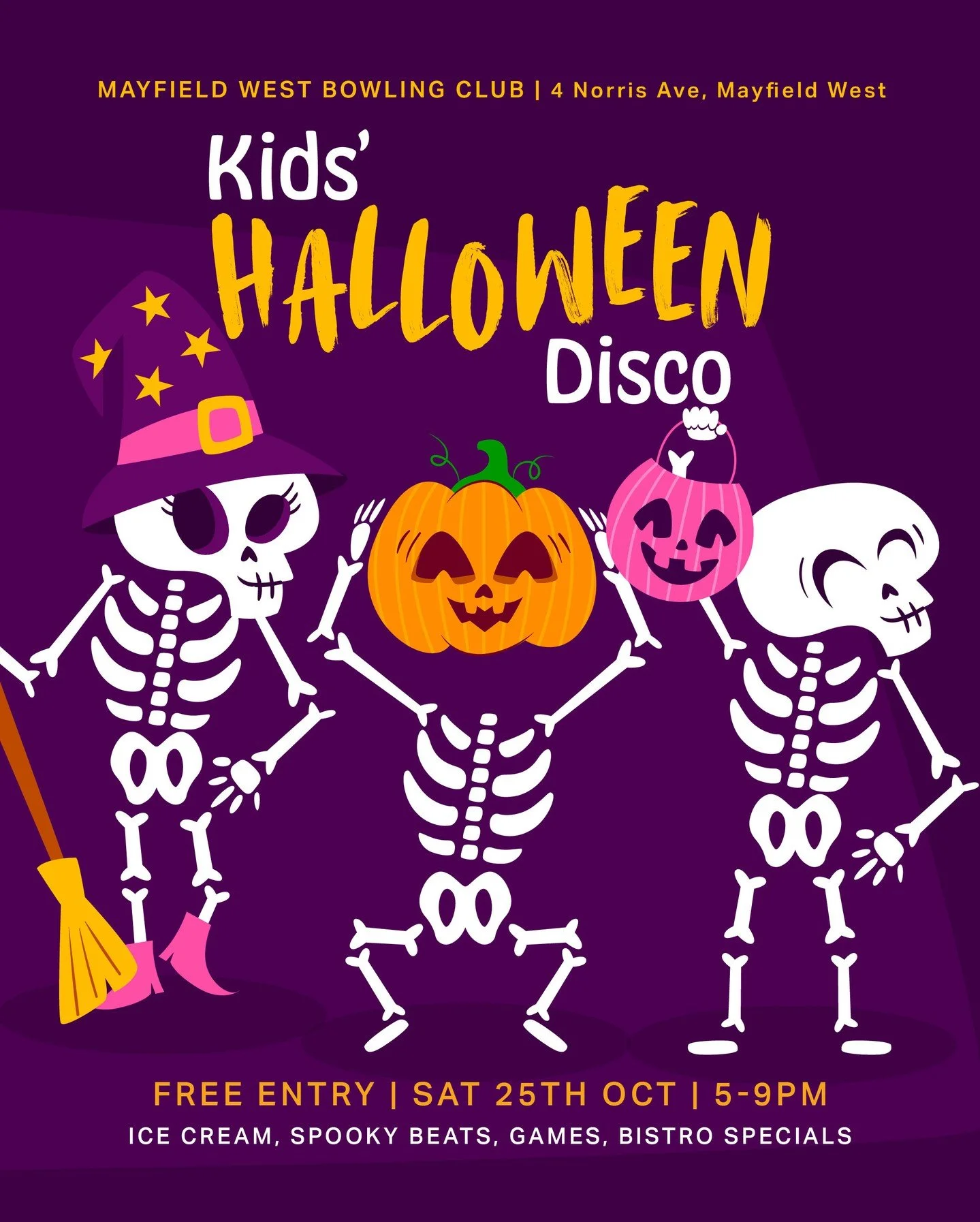 👻✨ Get ready for a frightfully fun night! ✨🎃
The Kids Halloween Disco is back at Mayfield West Bowling Club! 🕺🦇
Saturday 25 October | 5–9pm
🎶 Spooky tunes | 🎲 Games | 🍭 Treats | 🎁 Prizes
Dress in your spookiest, silliest, or