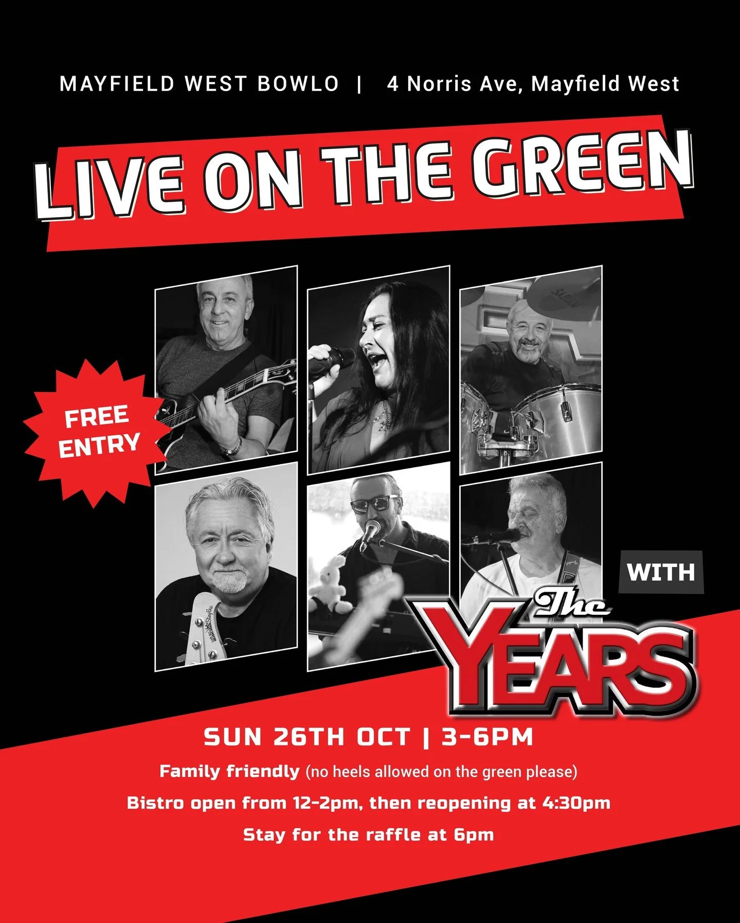 THIS SUNDAY!
🎸 Live at the Bowlo 🎶
Get ready for an afternoon of nostalgia rocking through all the decades with The Years.
Sunday 26th Oct, 3–6pm!
Family-friendly with extra seating (no heels on the green please!)
Bistro open 12&