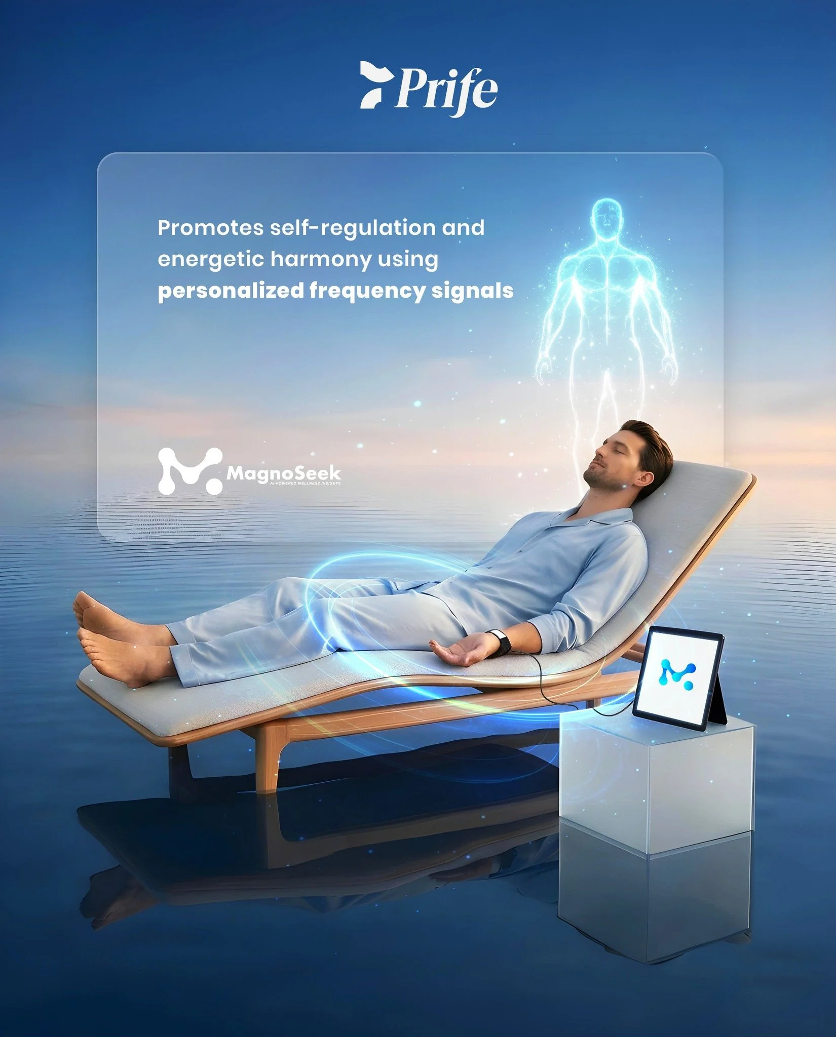 Man lying on bed with MagnoSeek wristband enjoying his AI Analysis Body Scan
