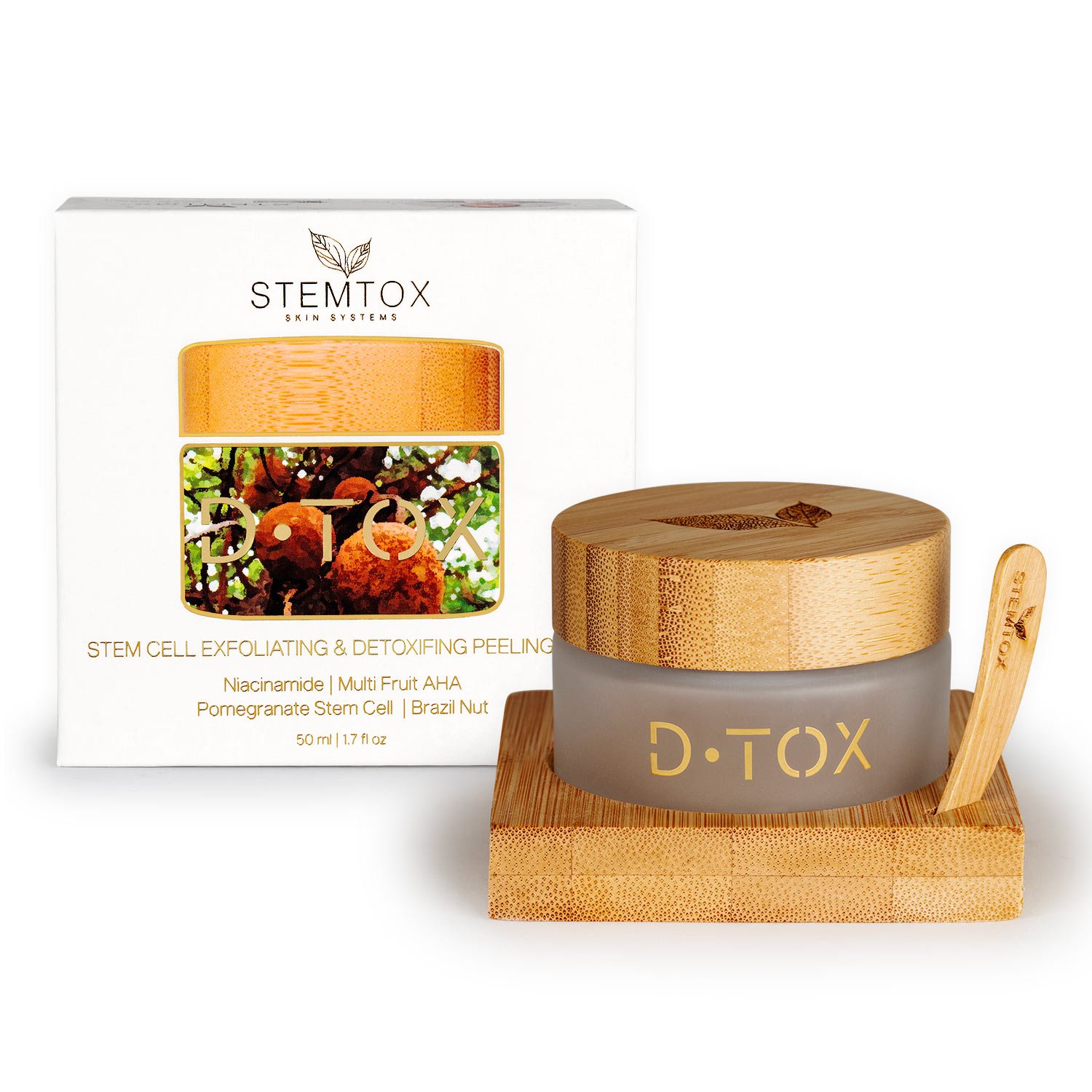Stemtox D-TOX Radiance Renewing Peel retail box packaging - Pomegranate Stem Cell AHA exfoliant