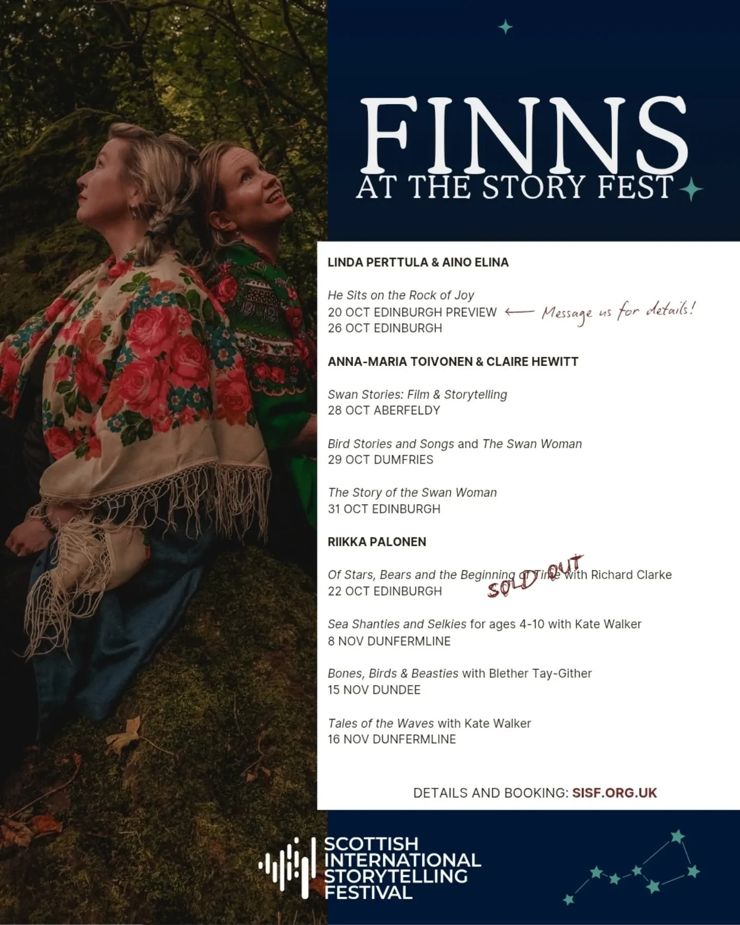 I think this is the majority of Finnish-speaking storytelling professionals gathered in one festival? What a treat 🤩

We miss you @markusluukkonen !

#scotstoryfest #rockofjoy #oralstorytelling #finnishculture

Text in the picture:

FINNS AT THE STO