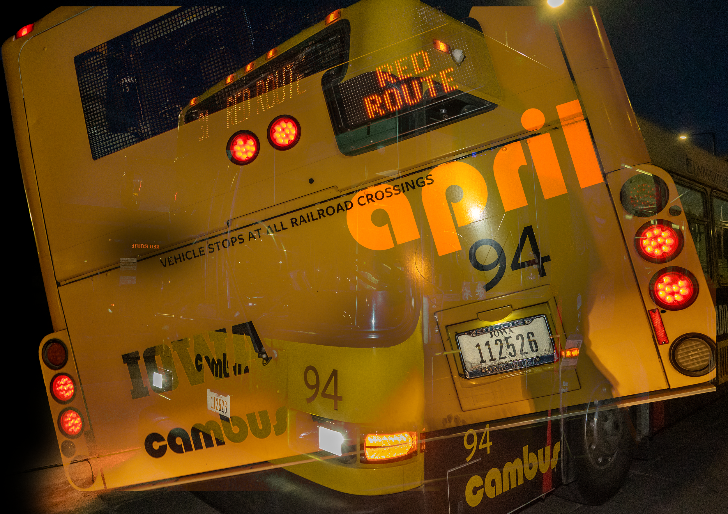 A CALENDAR PAGE OF A YELLOW CITY BUS THAT SAYS "APRIL"
