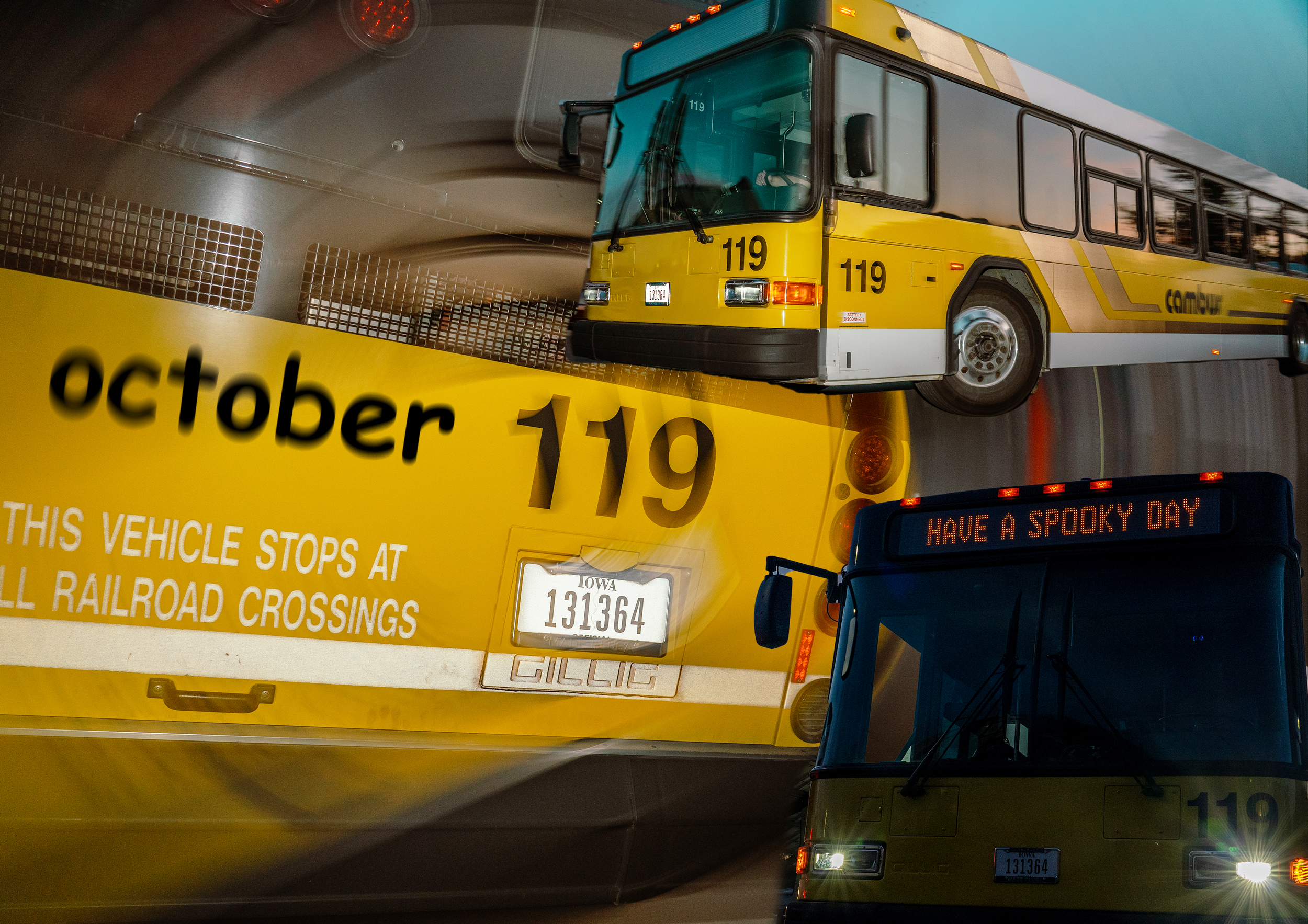 A CALENDAR PAGE OF A YELLOW CITY BUS THAT SAYS "OCTOBER"