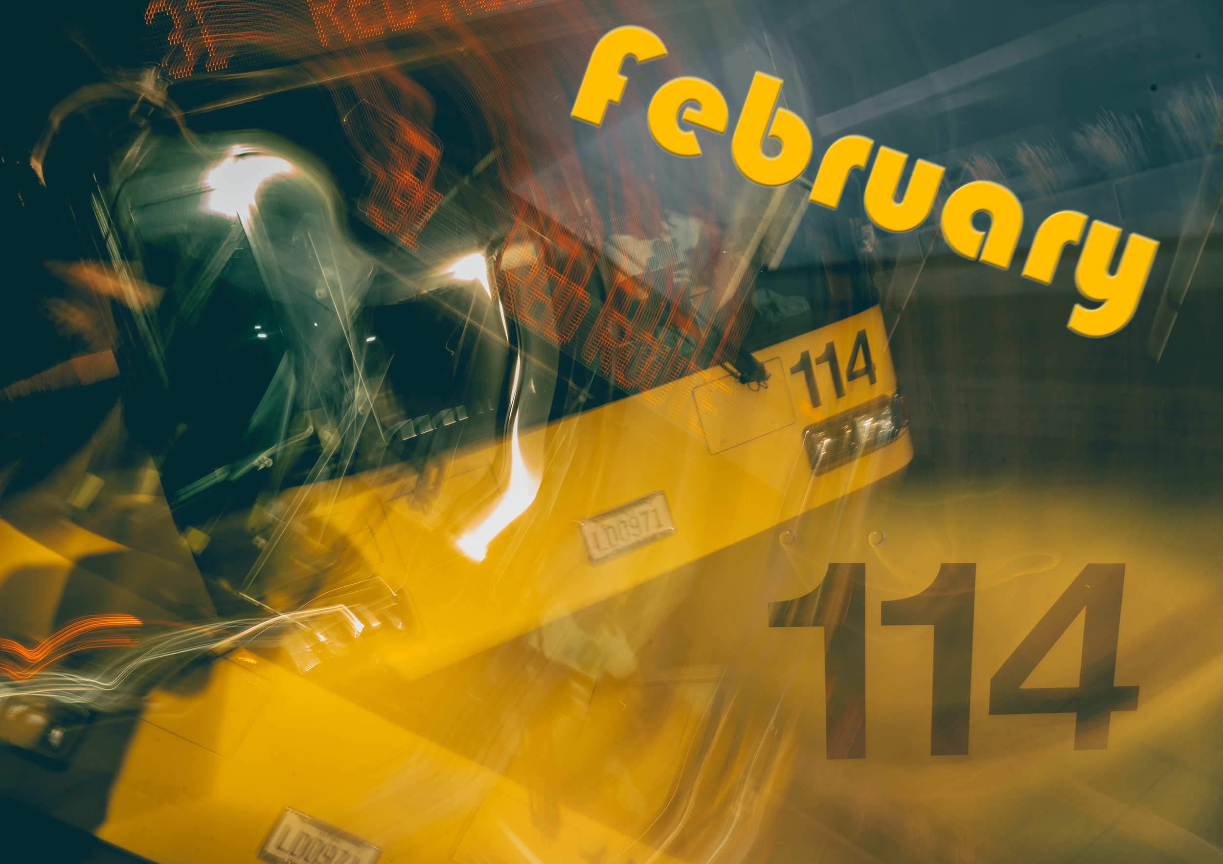 A CALENDAR PAGE OF A YELLOW CITY BUS THAT SAYS "FEBRUARY"