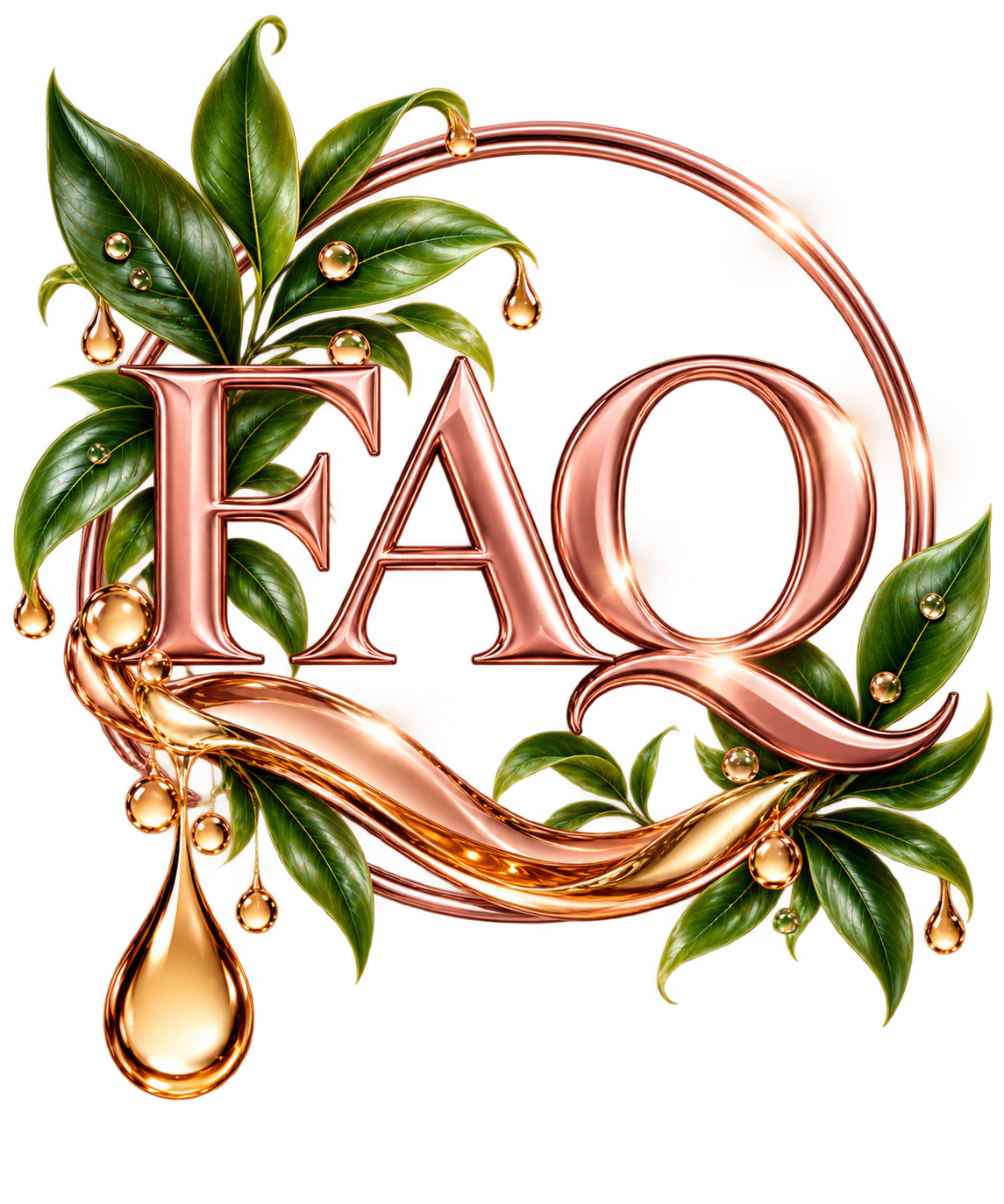 Decorative graphic with the word 'EOF' in large, shiny, rose gold letters surrounded by green leaves and gold droplets.