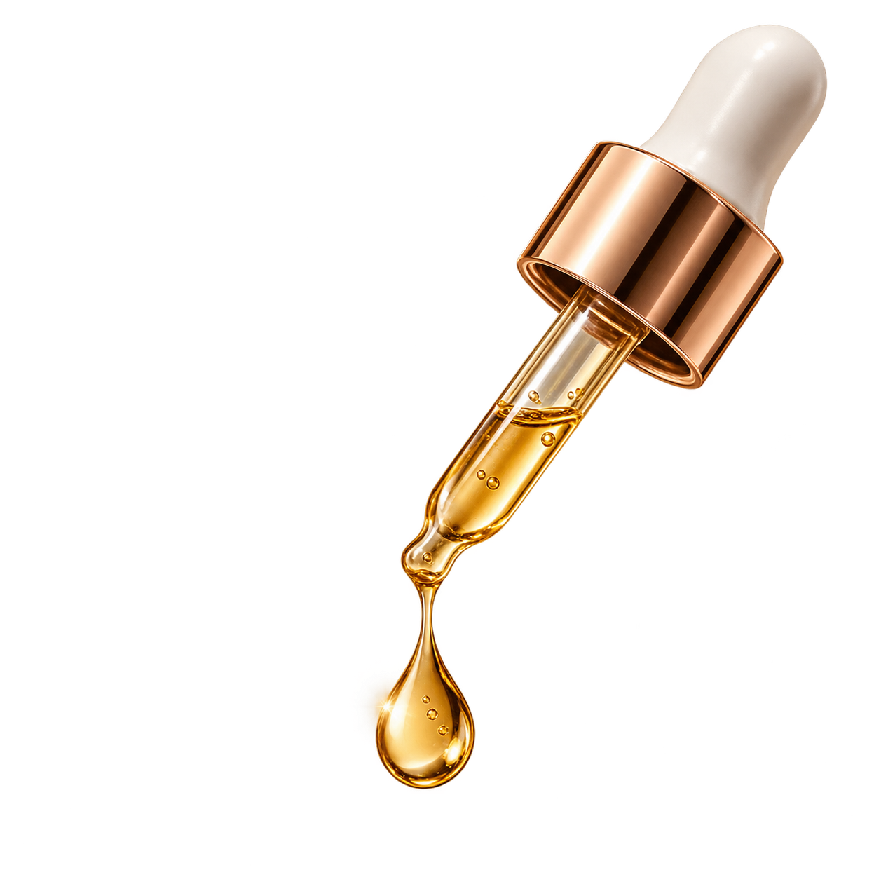 A glass dropper with a gold-colored cap releasing golden serum droplets against a black background.